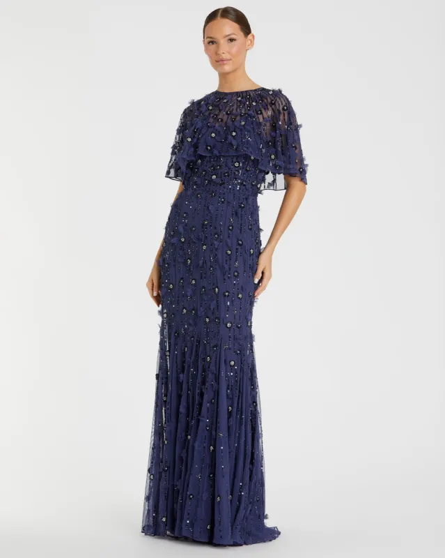 Navy Embellished Illusion Cape Sleeve Trumpet Gown sold by Mac Duggal