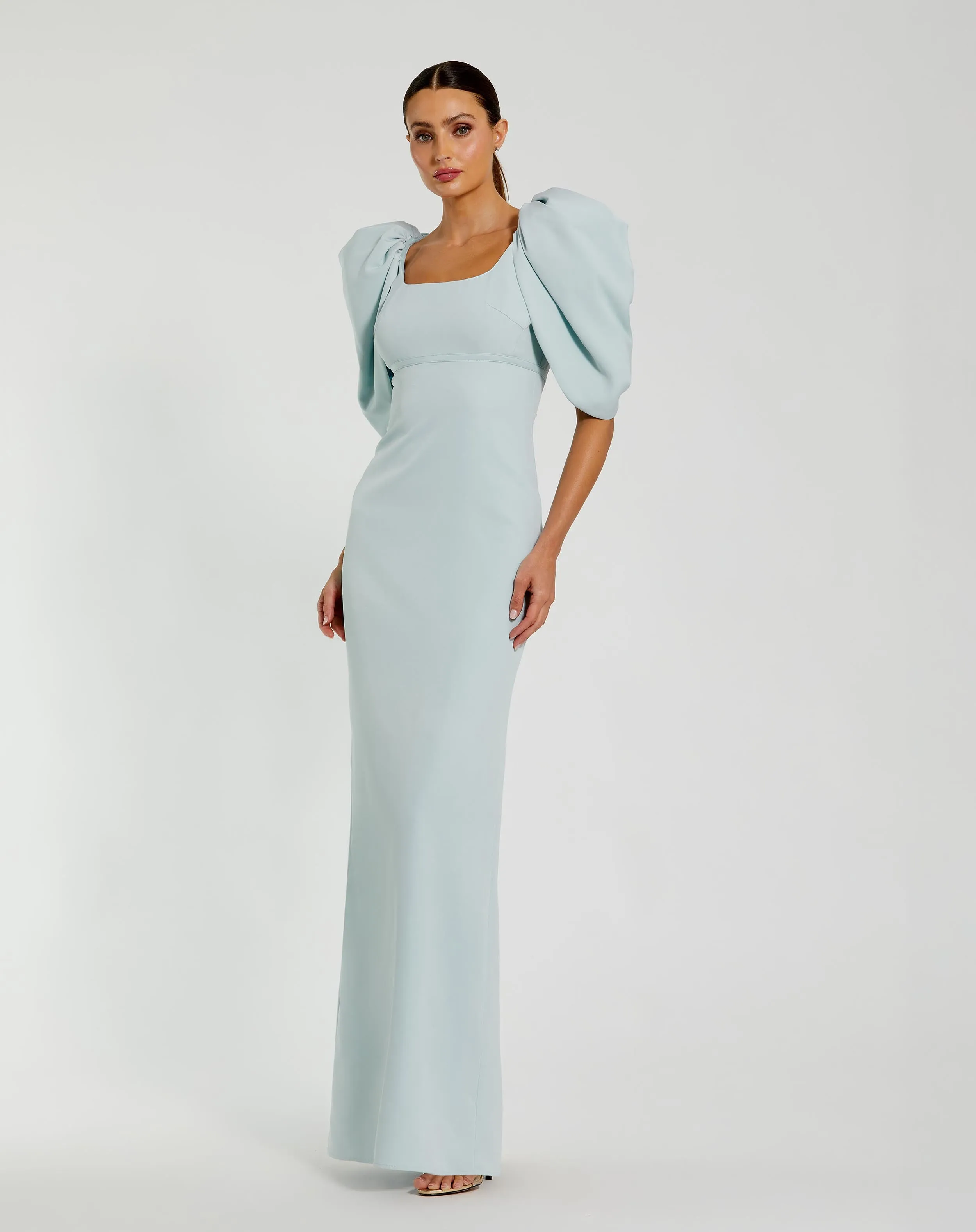 Blue Fitted Crepe Square Neck Gown With Puff Sleeves sold by Mac Duggal