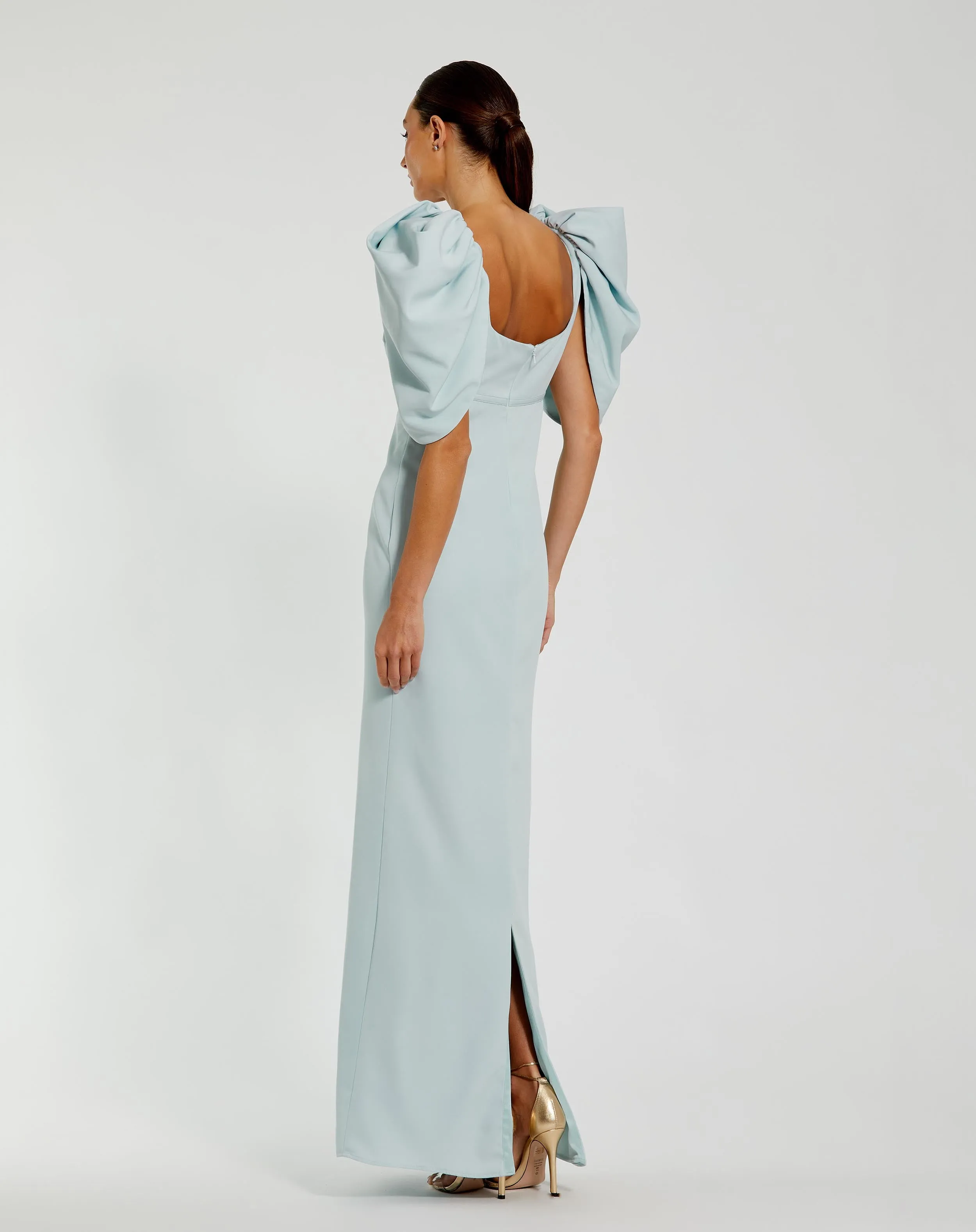 Blue Fitted Crepe Square Neck Gown With Puff Sleeves sold by Mac Duggal product image thumbnail 3