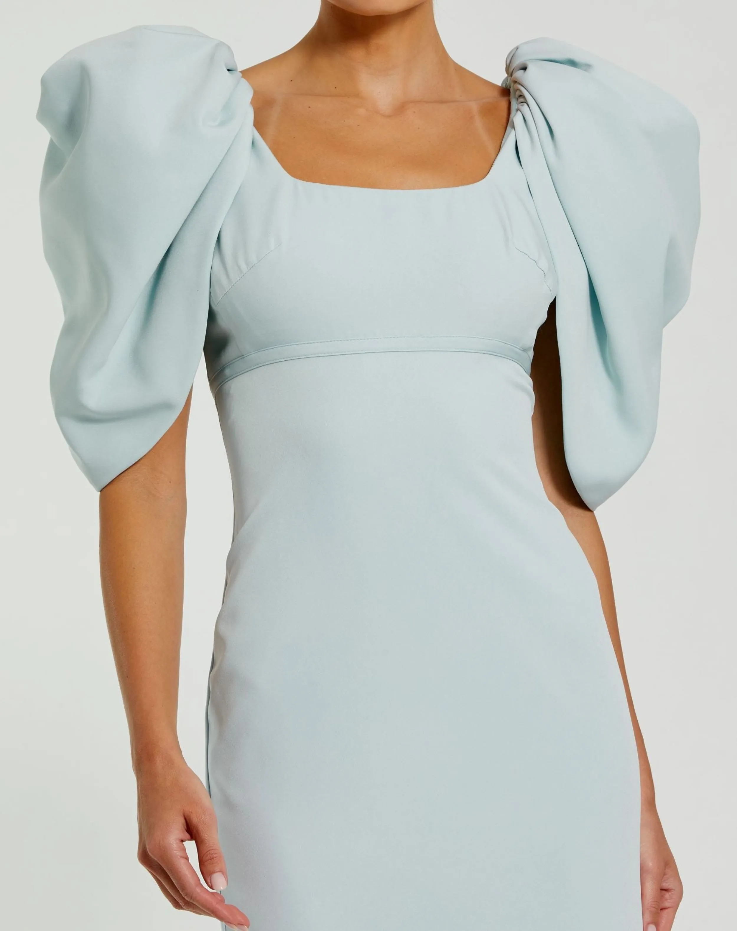 Blue Fitted Crepe Square Neck Gown With Puff Sleeves sold by Mac Duggal product image thumbnail 2