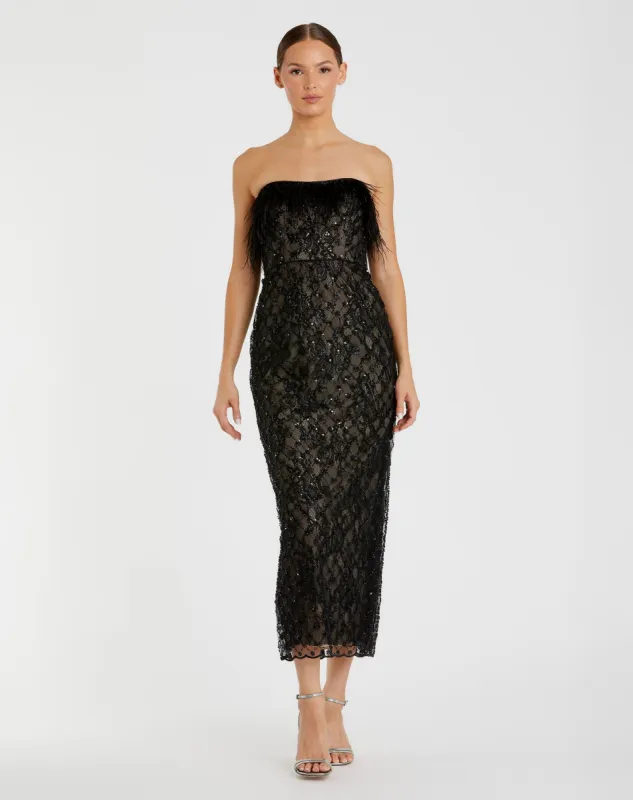 Embellished Feather Strapless Column Dress sold by Mac Duggal