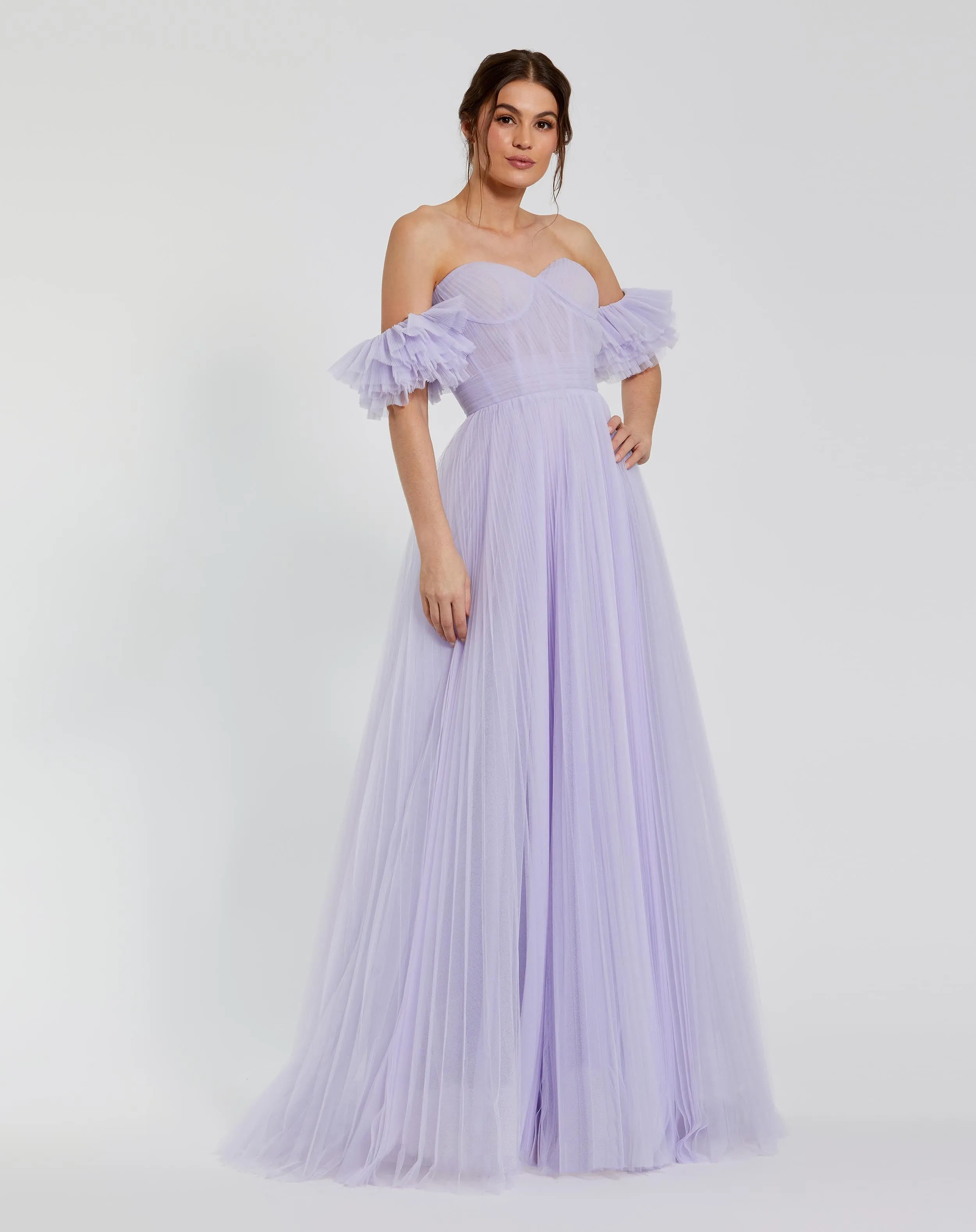 Purple Off The Shoulder Tulle A Line Gown sold by Mac Duggal