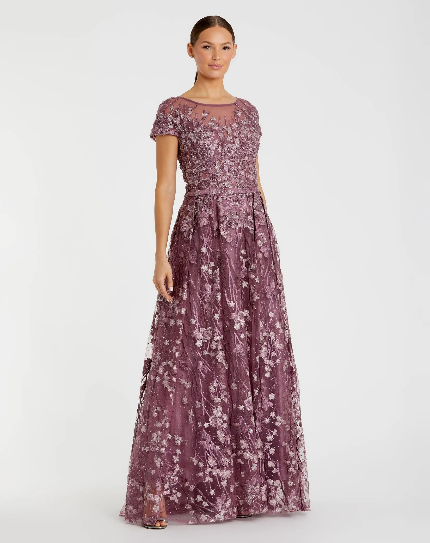 Purple Embellished Floral Cap Sleeve A Line Gown sold by Mac Duggal