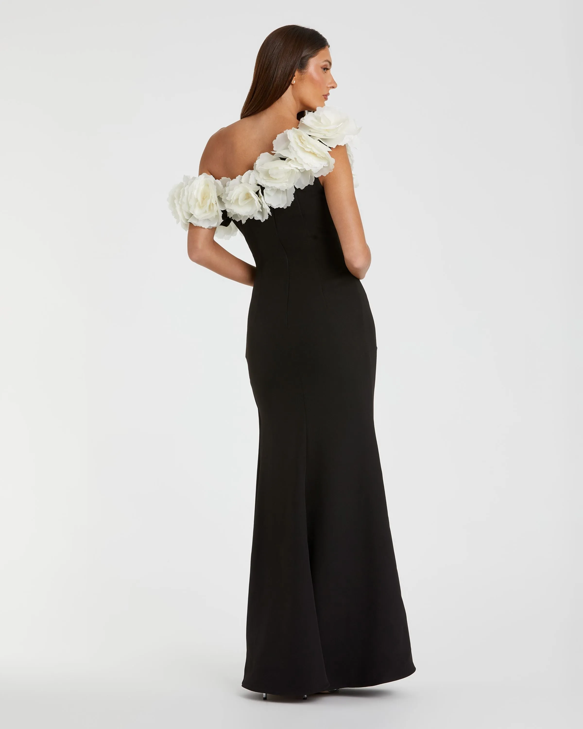 Black and White Jersey Gown With 3D Flower Off The Shoulder Detail sold by Mac Duggal product image thumbnail 3