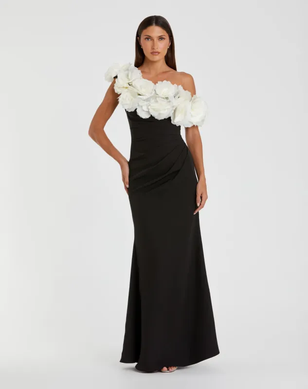 Black and White Jersey Gown With 3D Flower Off The Shoulder Detail sold by Mac Duggal