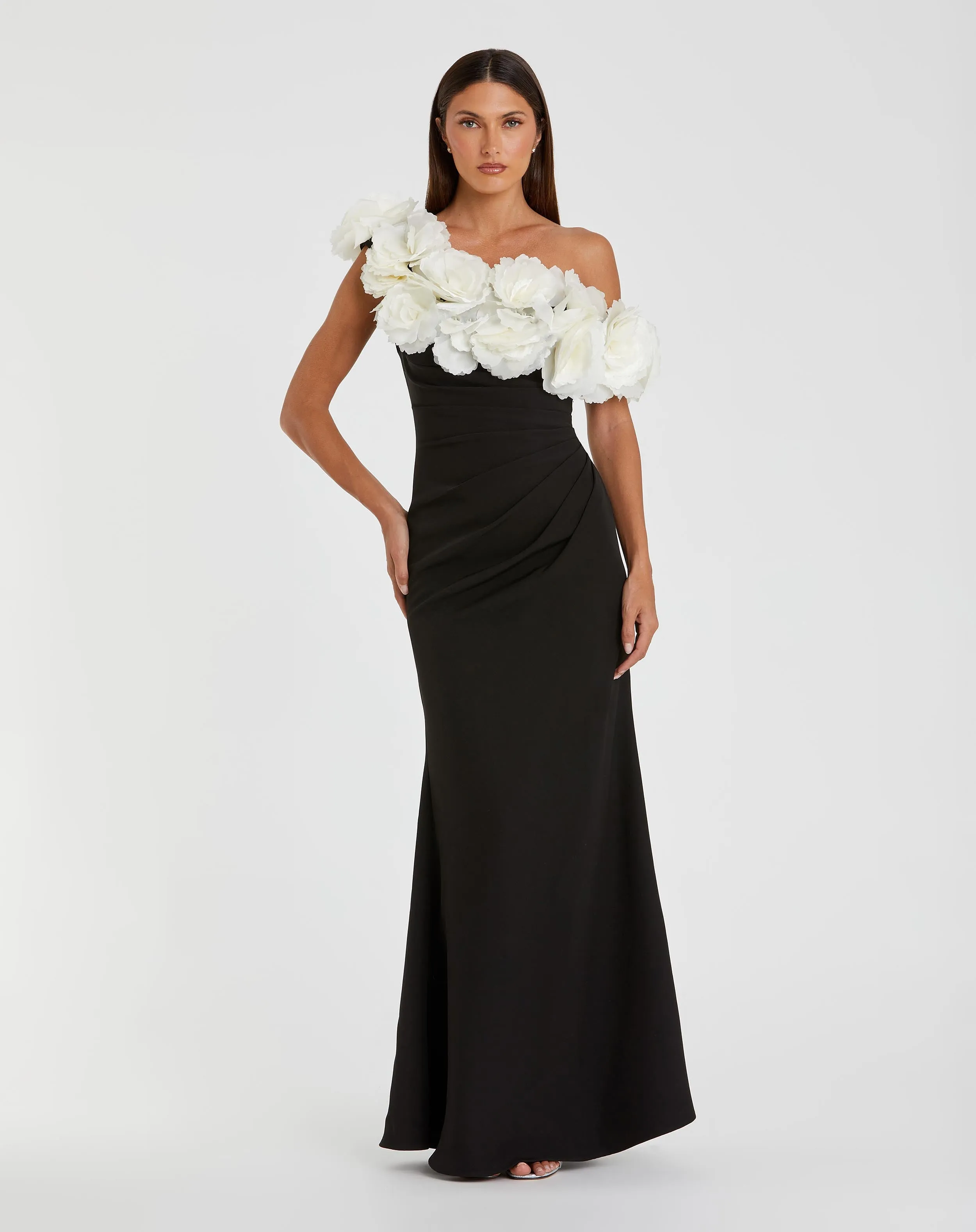 Black and White Jersey Gown With 3D Flower Off The Shoulder Detail sold by Mac Duggal