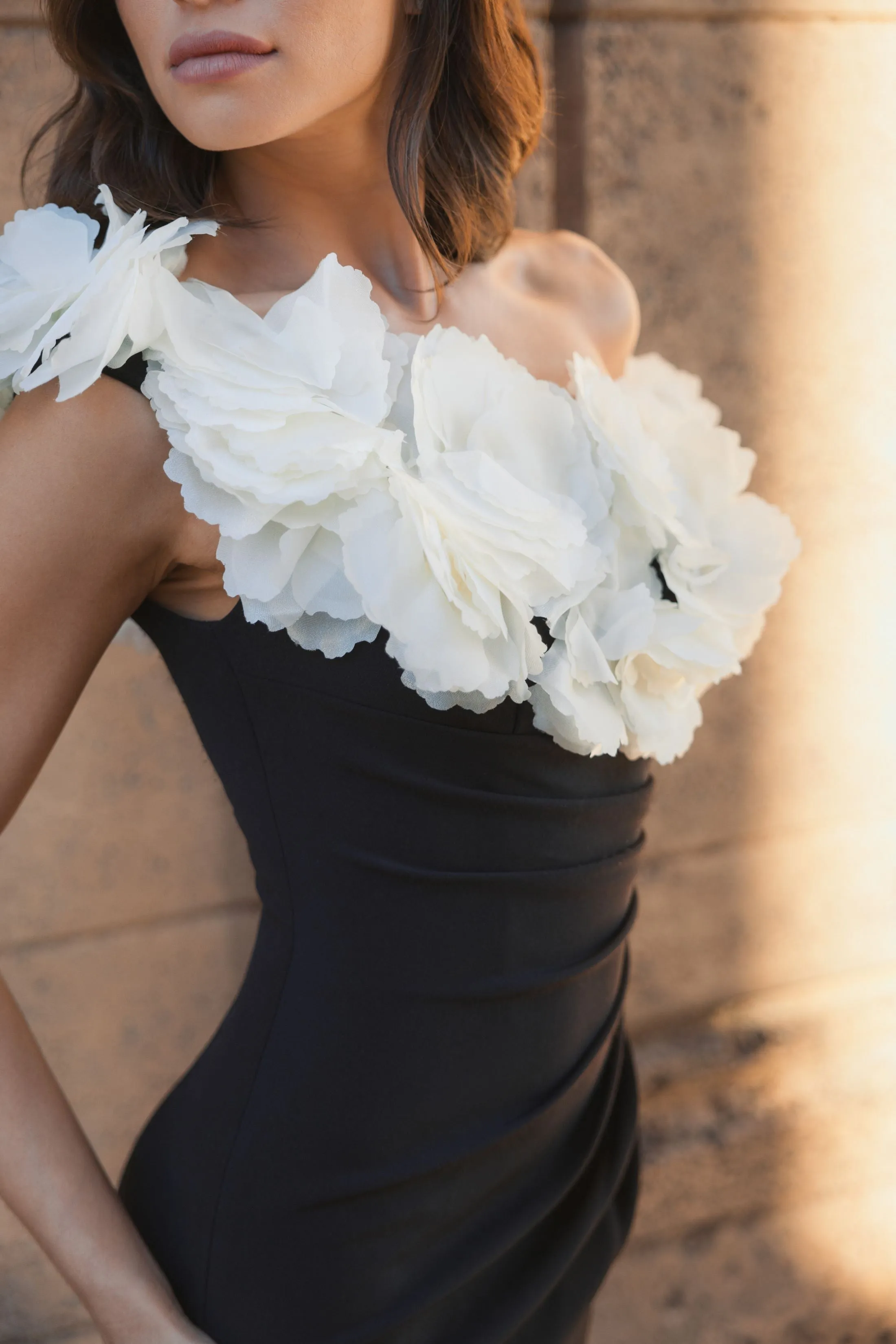 Black and White Jersey Gown With 3D Flower Off The Shoulder Detail sold by Mac Duggal product image thumbnail 5