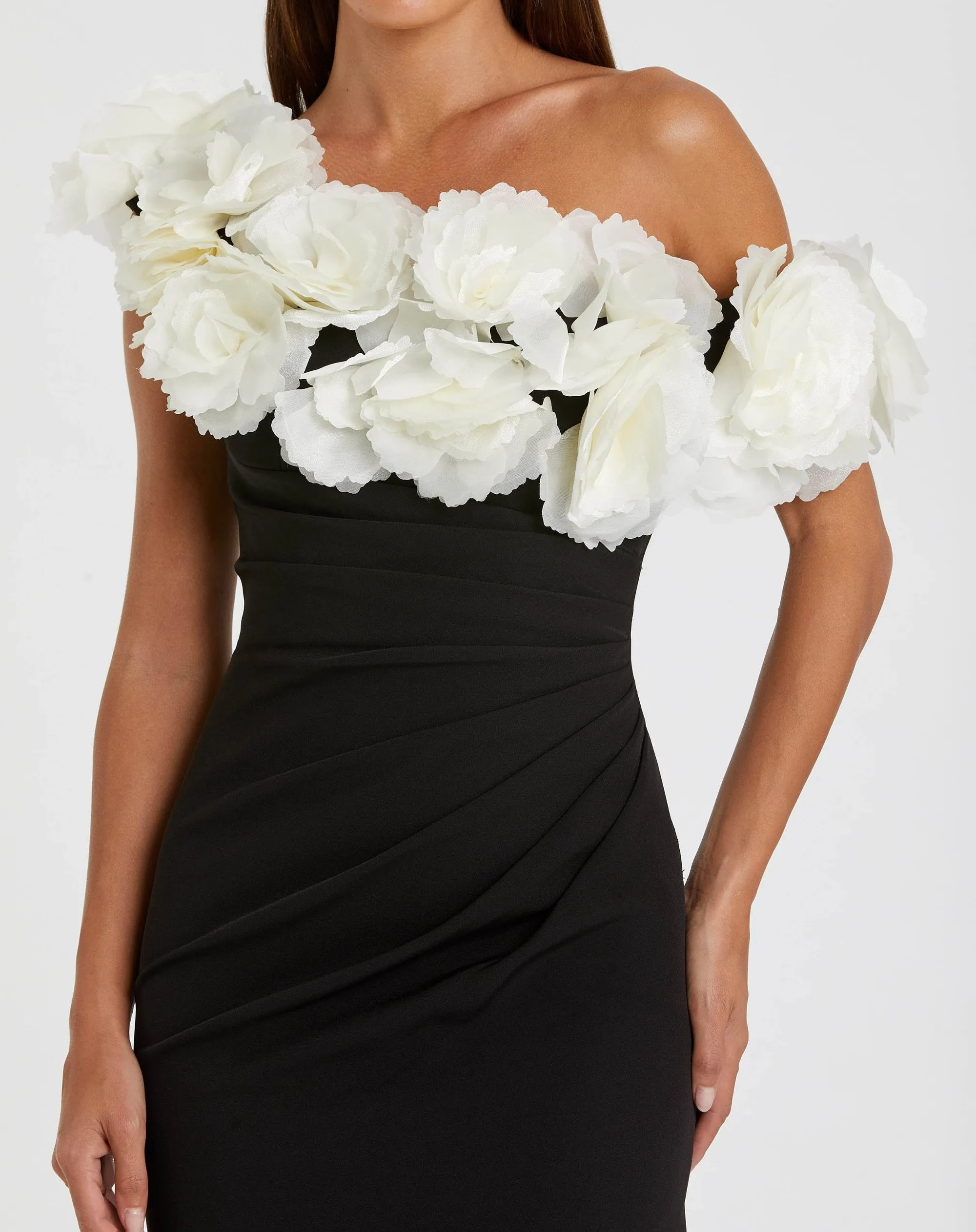 Black and White Jersey Gown With 3D Flower Off The Shoulder Detail sold by Mac Duggal product image thumbnail 2