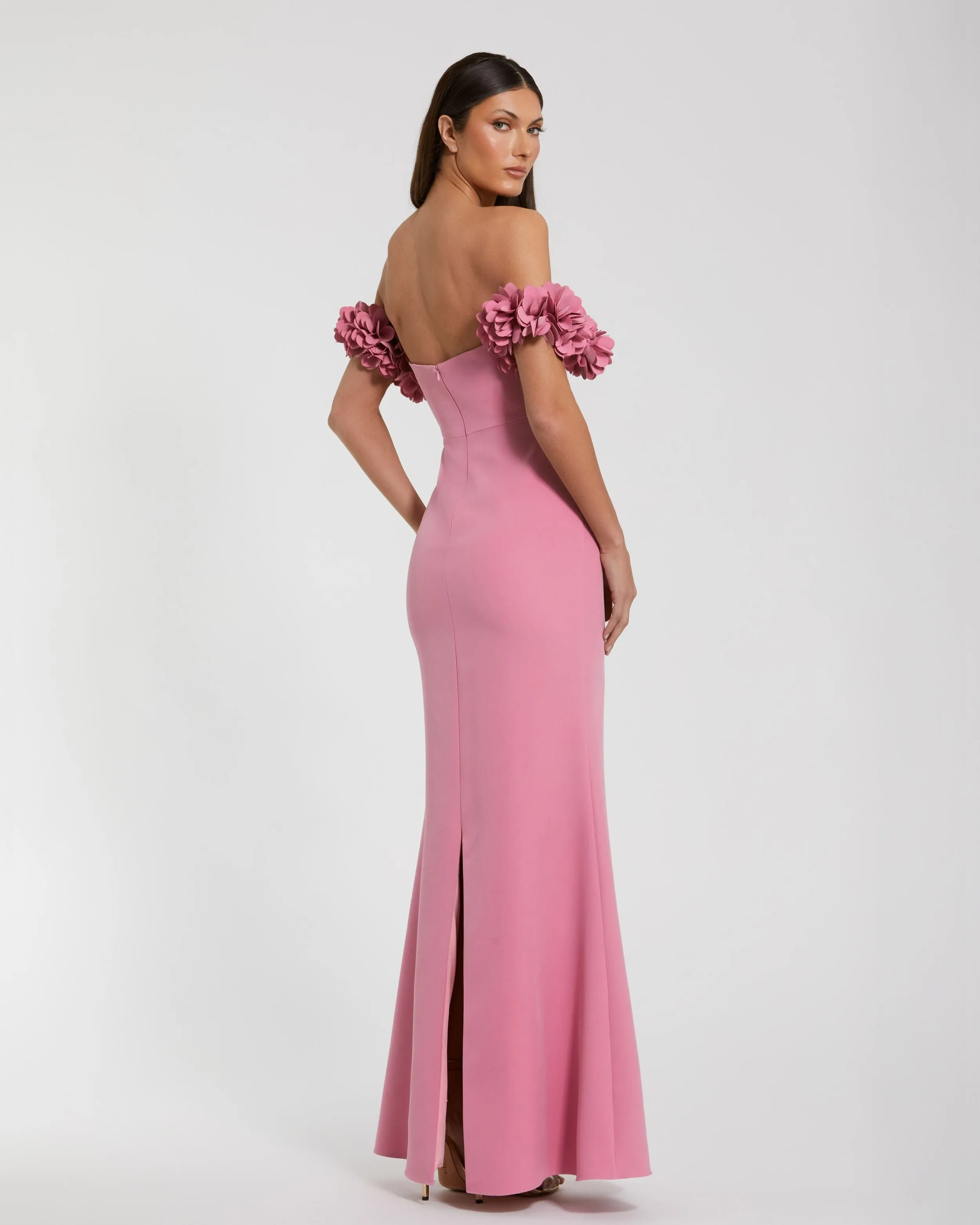 Pink Crepe Off The Shoulder Gown With 3D Flowers sold by Mac Duggal product image thumbnail 3