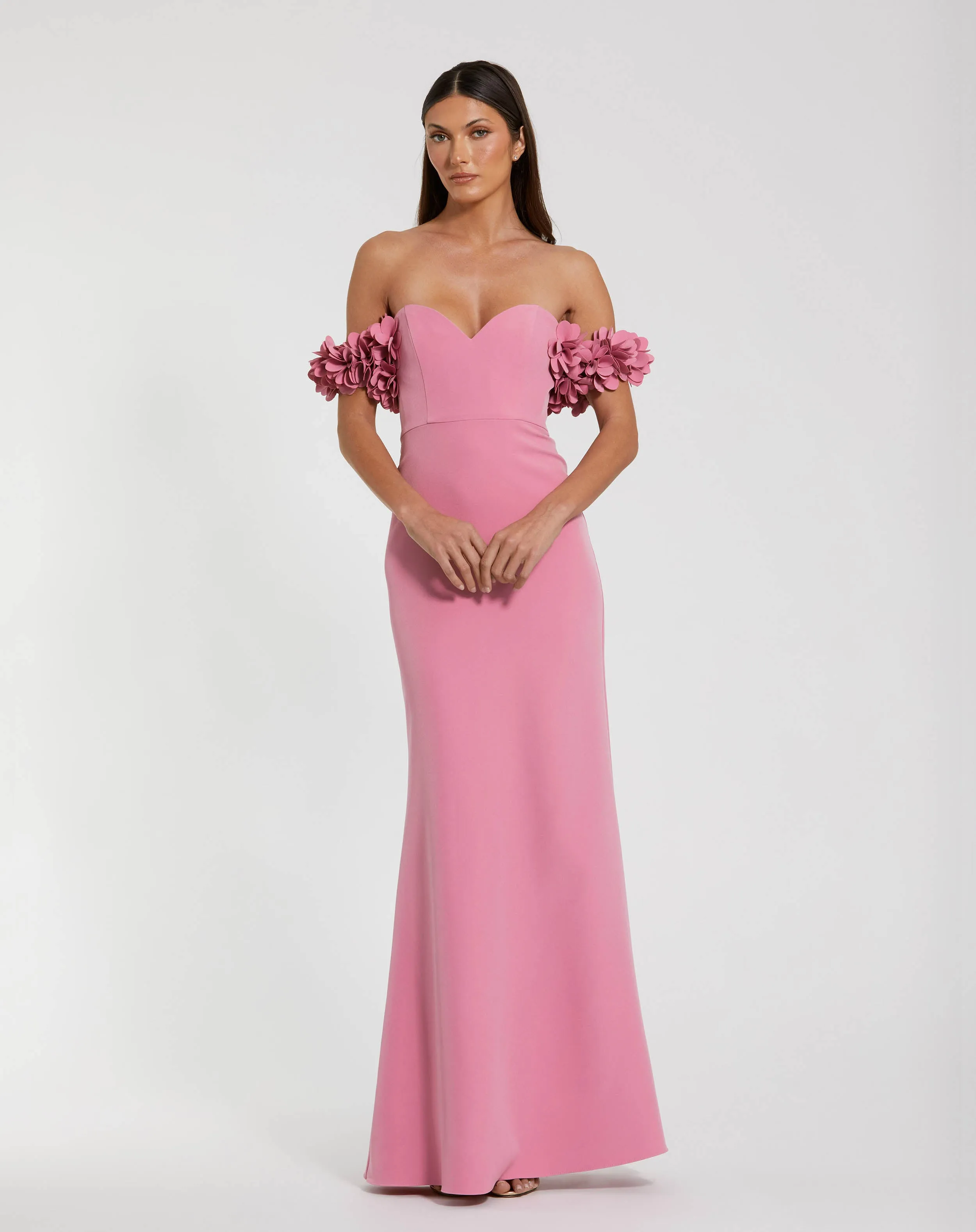 Pink Crepe Off The Shoulder Gown With 3D Flowers sold by Mac Duggal