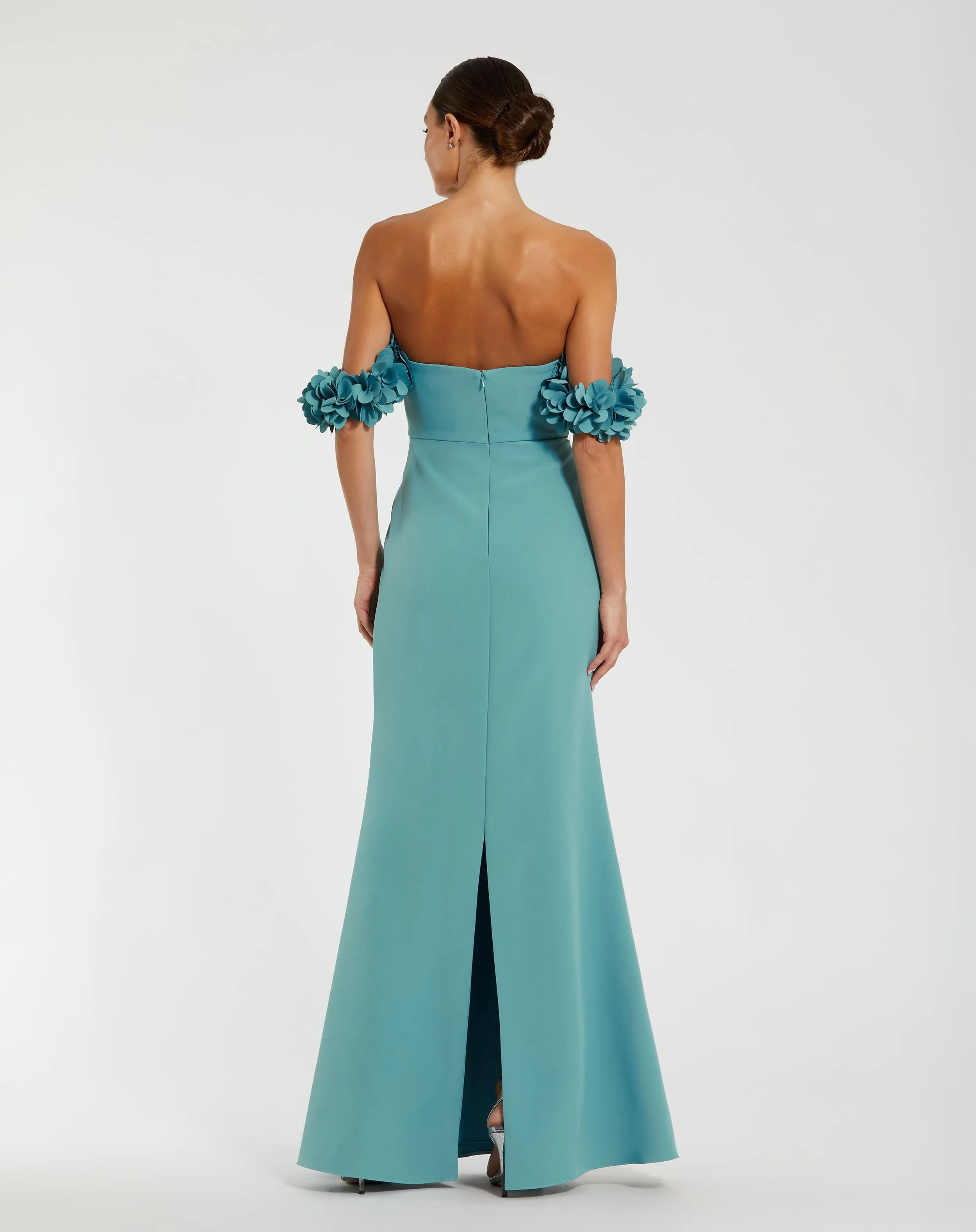 Blue Crepe Off The Shoulder Gown With 3D Flowers sold by Mac Duggal product image thumbnail 3