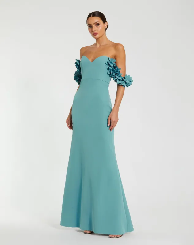 Blue Crepe Off The Shoulder Gown With 3D Flowers sold by Mac Duggal