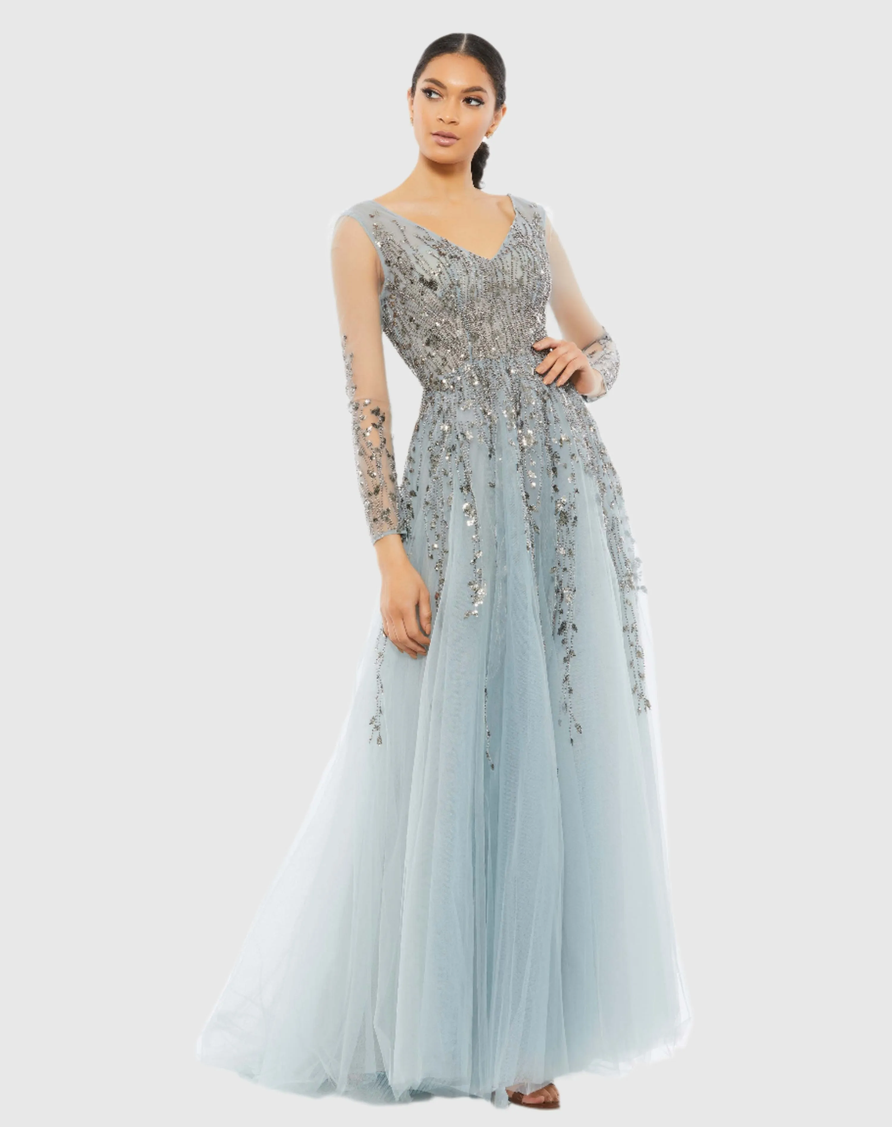 Embellished V Neck Long Sleeve A Line Gown sold by Mac Duggal