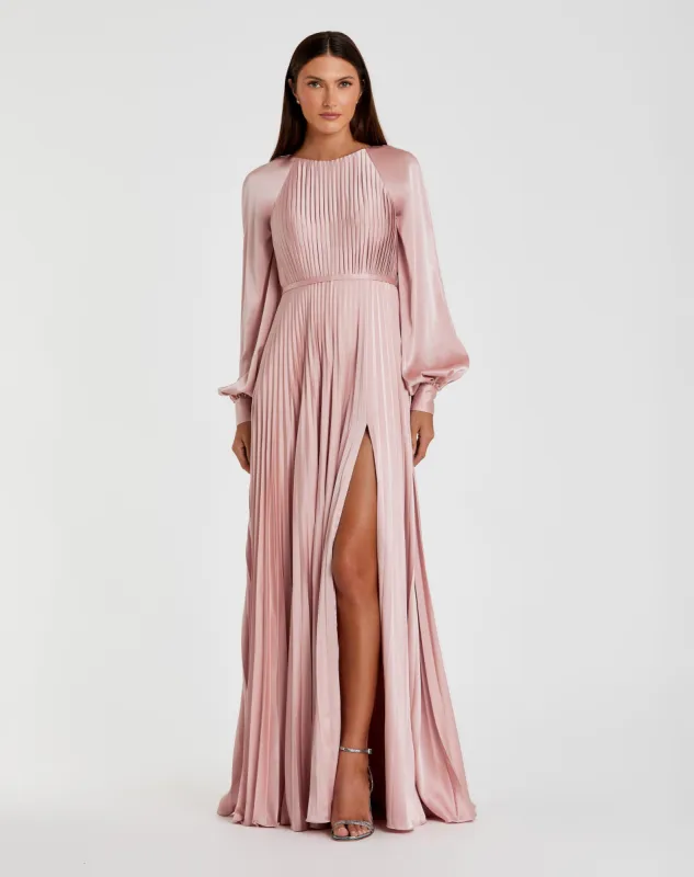 Pink Pleated High Neck Raglan Long Sleeve Side Slit Gown sold by Mac Duggal