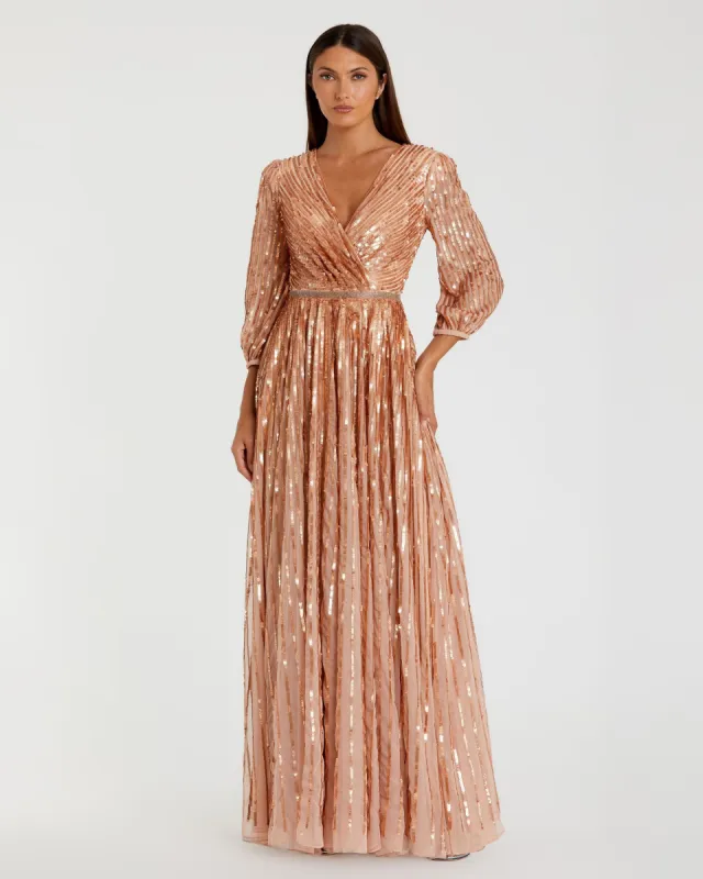 Sequined Wrap Over 3/4 Sleeve Gown sold by Mac Duggal