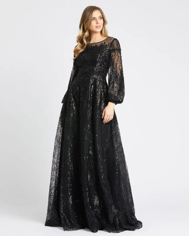 Jewel Encrusted Illusion Long Sleeve A Line Gown sold by Mac Duggal