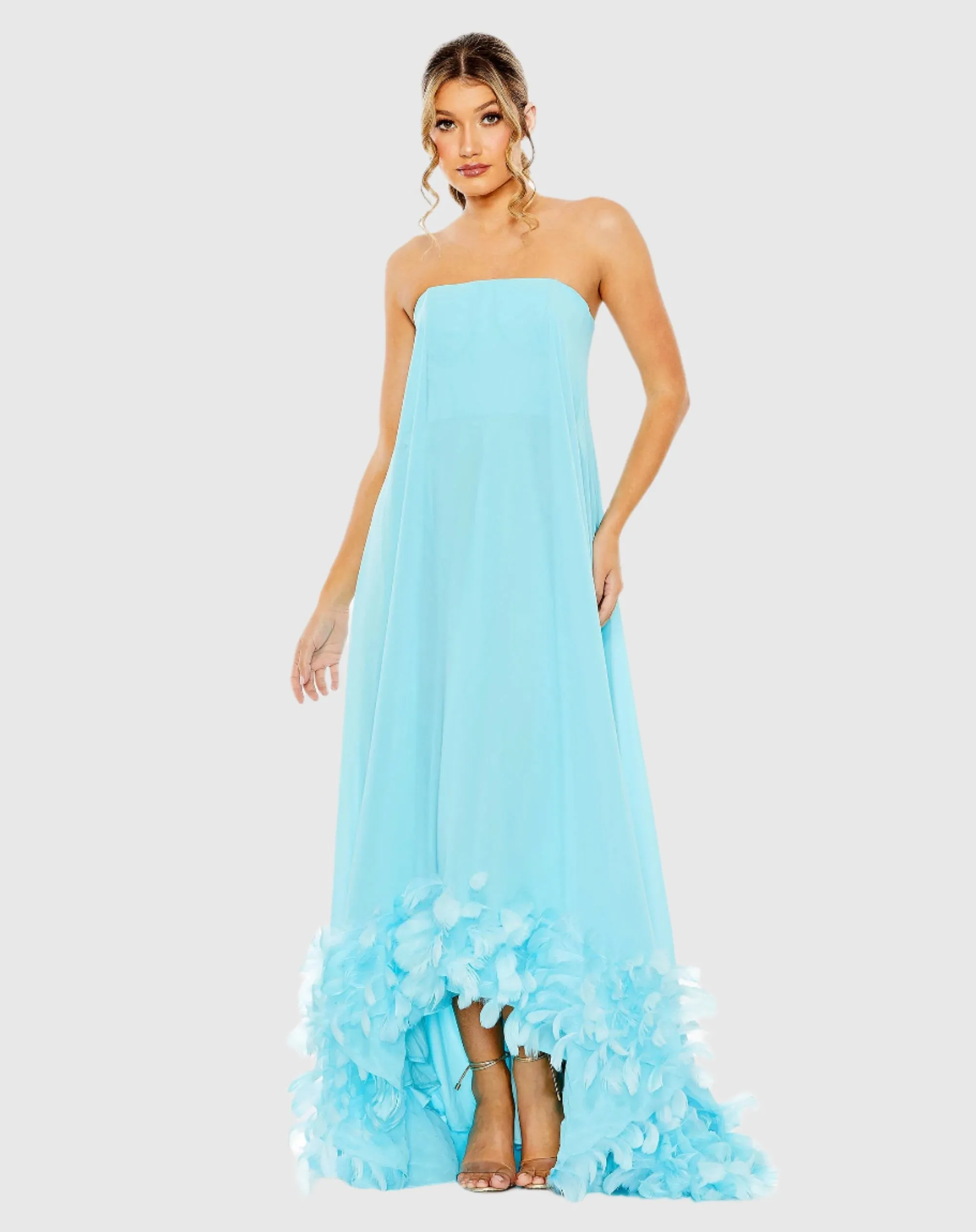 Blue Strapless Flare Feather Hem Gown sold by Mac Duggal