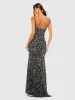 Black Sequined Low Back Slip Gown sold by Mac Duggal