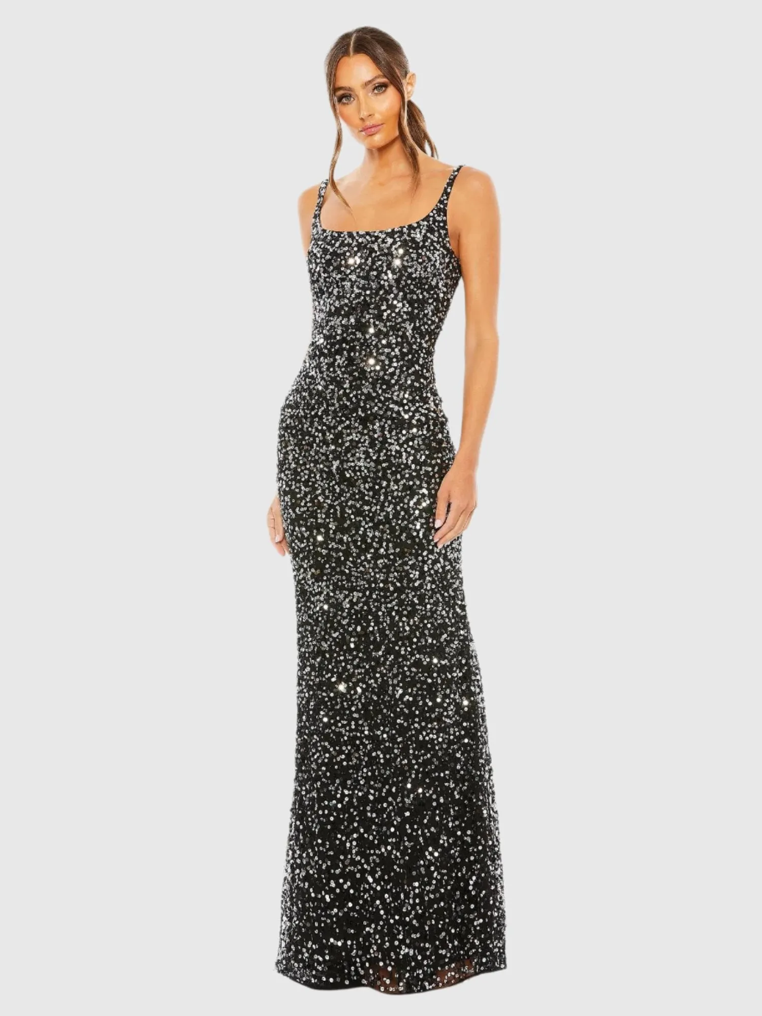 Black Sequined Low Back Slip Gown sold by Mac Duggal