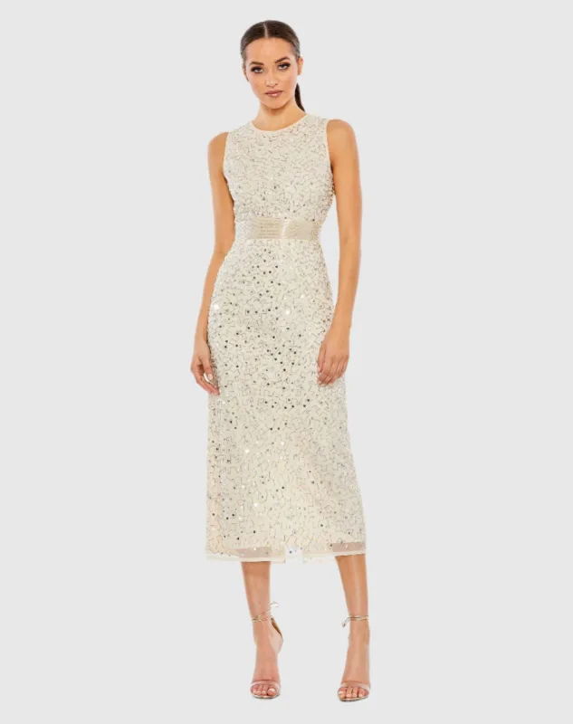 Beige Geometric Embellished Sleeveless Sheath Dress sold by Mac Duggal