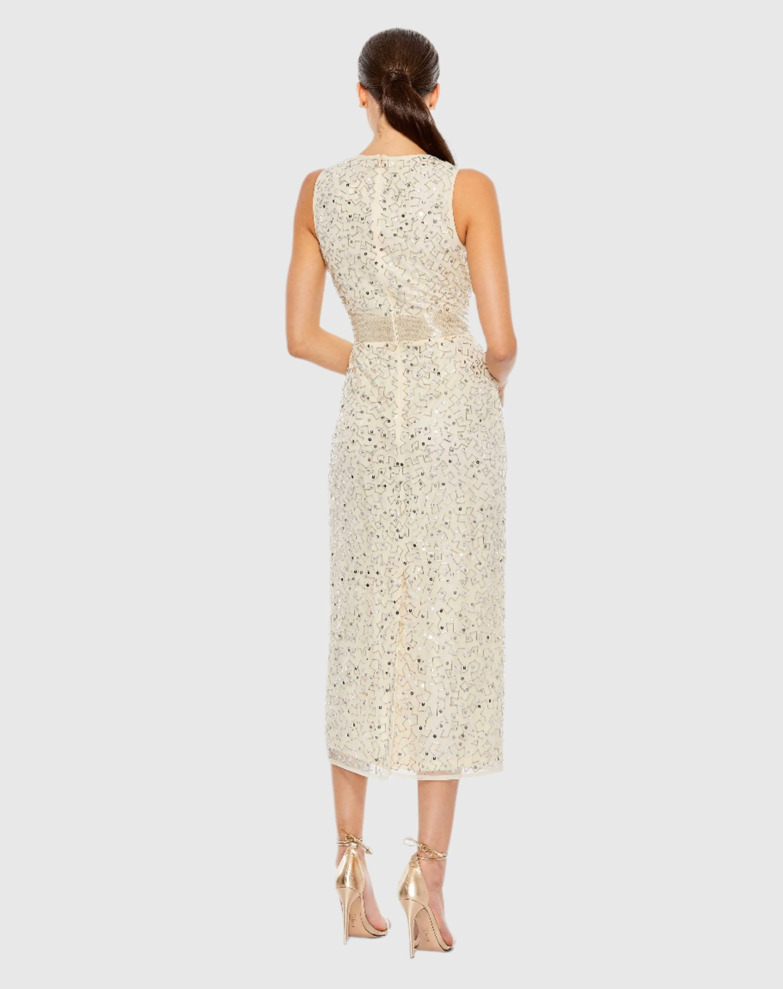 Beige Geometric Embellished Sleeveless Sheath Dress sold by Mac Duggal product image thumbnail 3