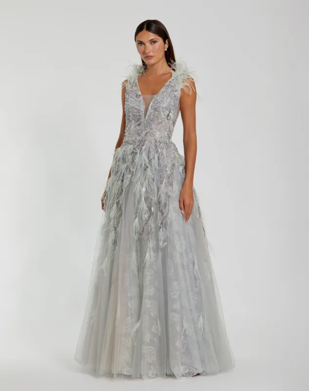 Embellished Feathered Sleeveless A Line Gown made by Mac Duggal