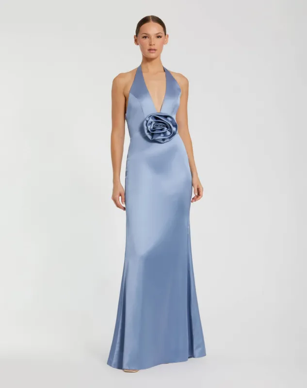 Blue Satin Halter Slip Dress with Rosette Detail sold by Mac Duggal