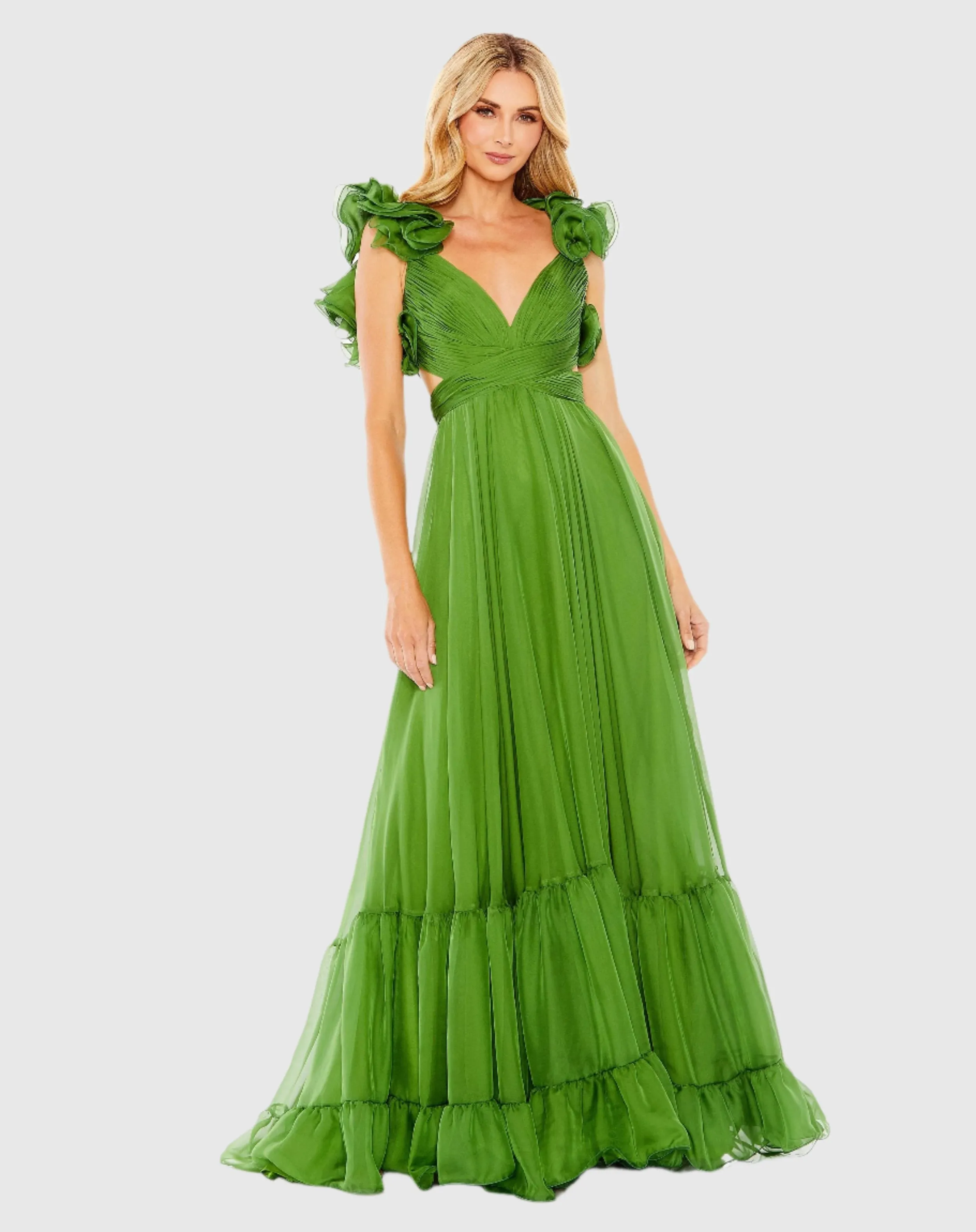 Green Ruffle Tiered Cut-Out Chiffon Gown sold by Mac Duggal