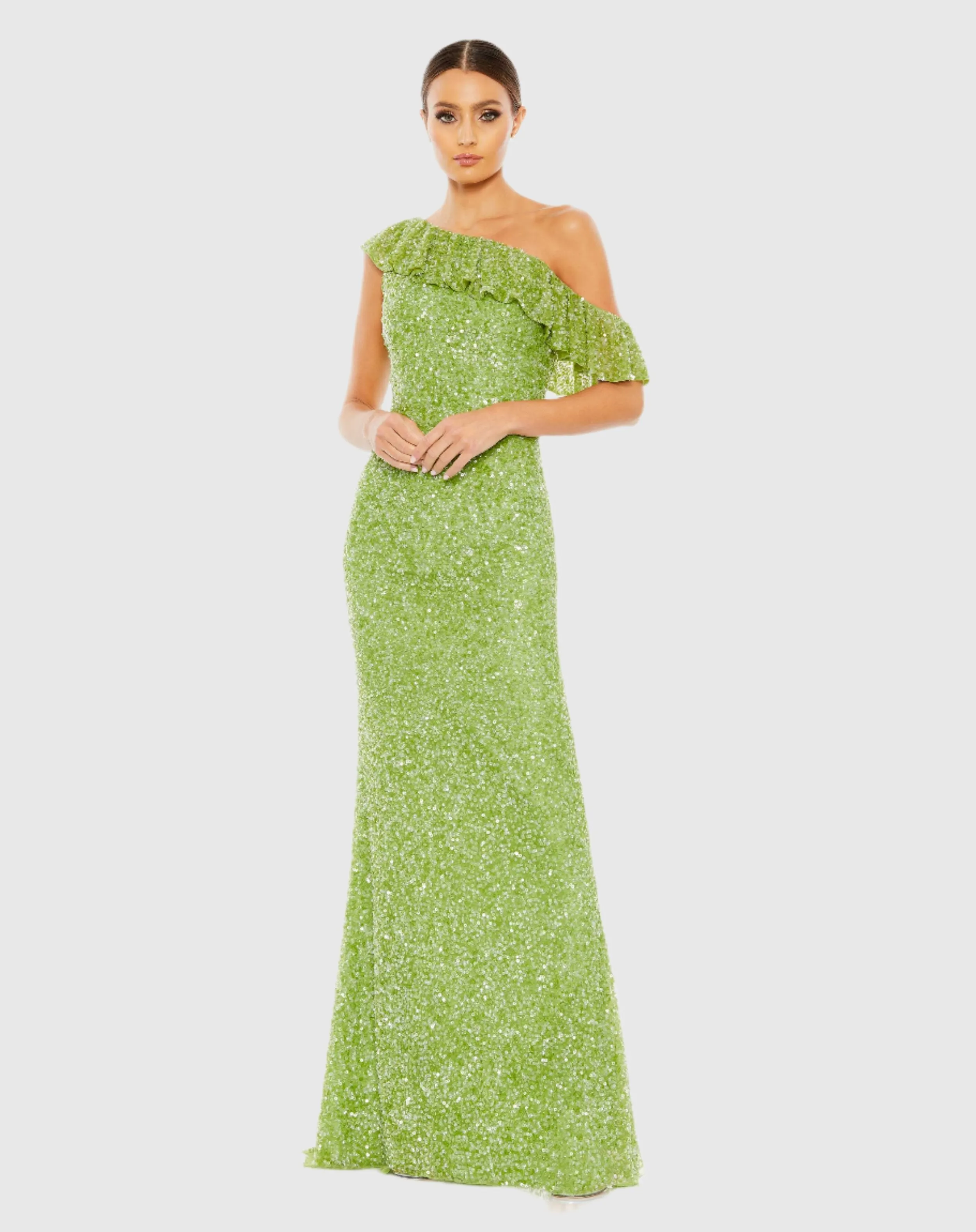 Green Sequined Drop Shoulder Trumpet Gown sold by Mac Duggal