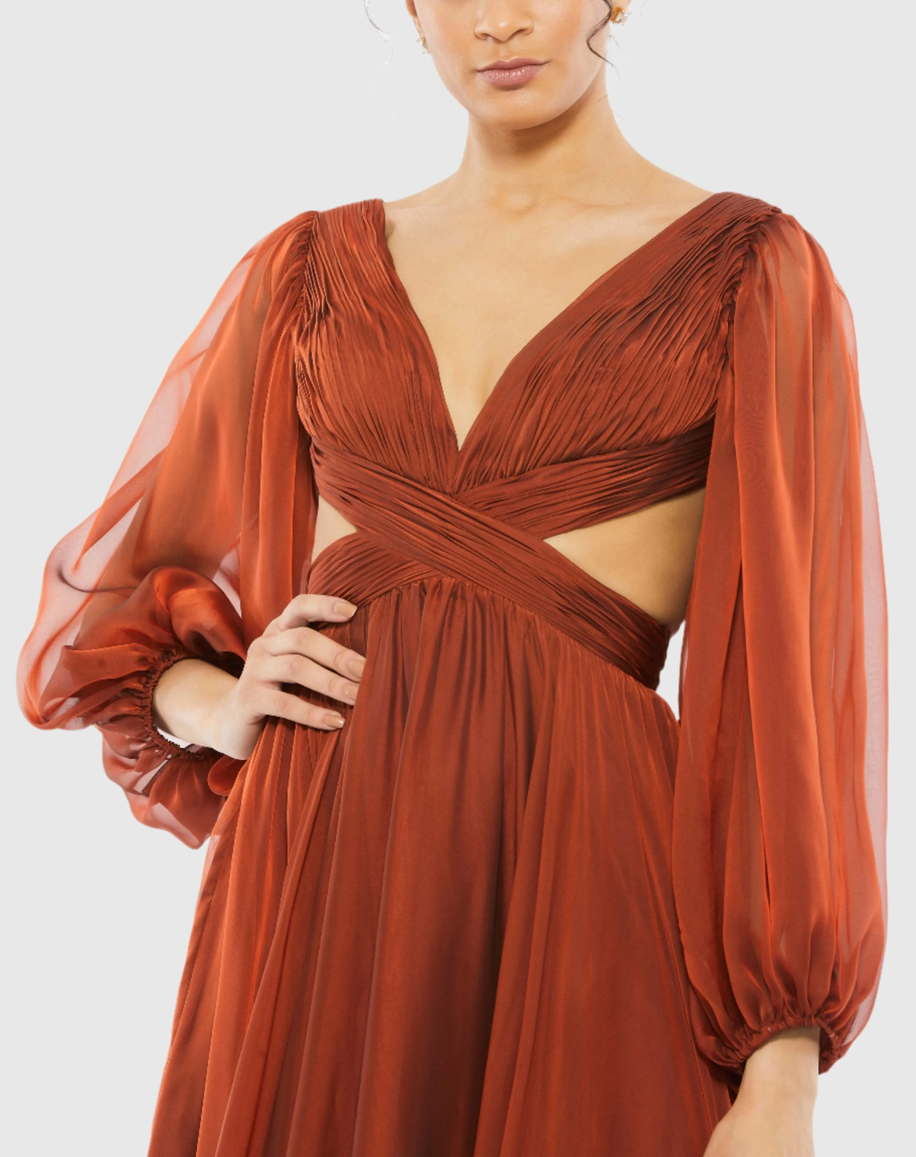 Orange Pleated Cut Out Long Sleeve Lace Up Tiered Gown sold by Mac Duggal product image thumbnail 2