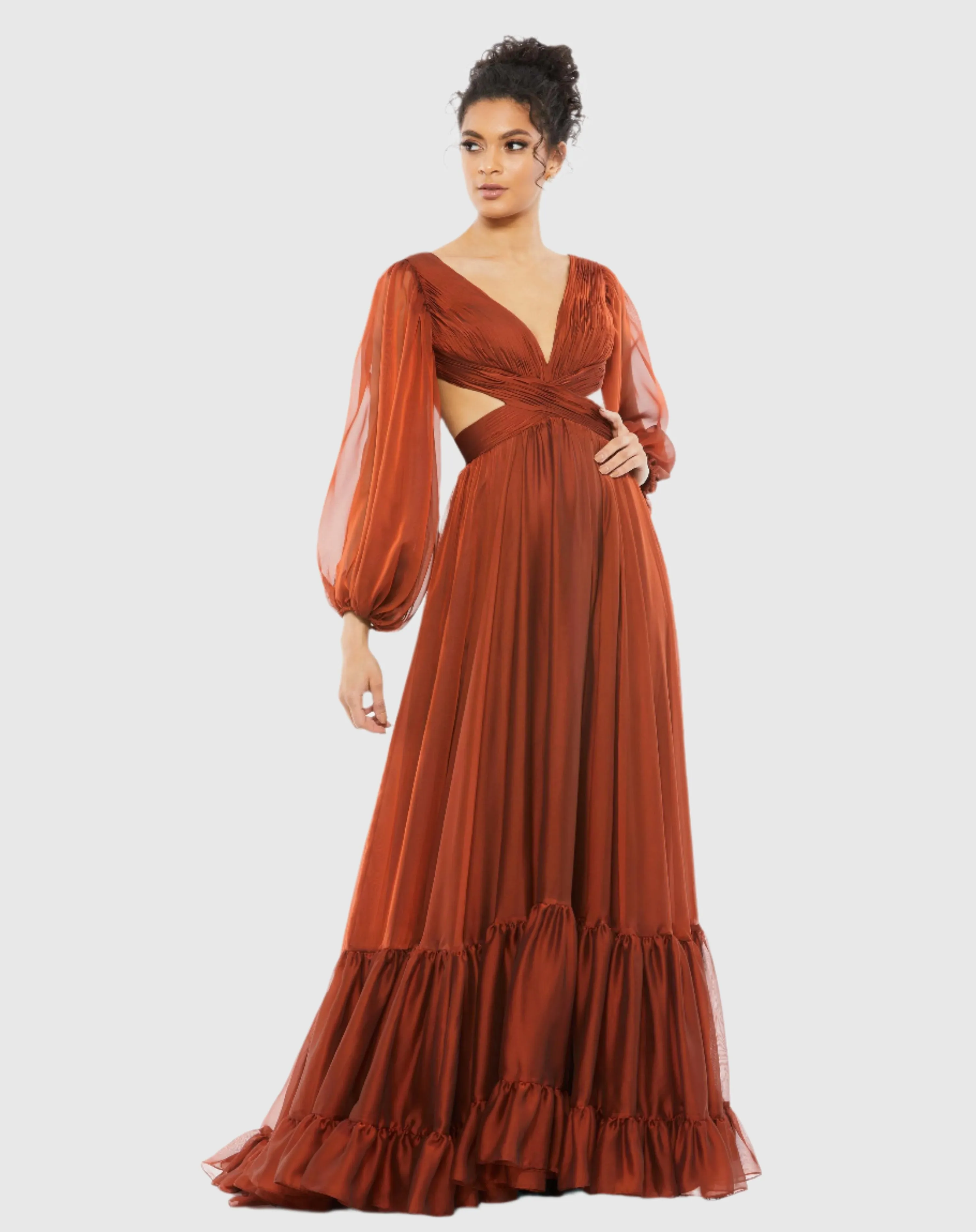 Orange Pleated Cut Out Long Sleeve Lace Up Tiered Gown sold by Mac Duggal