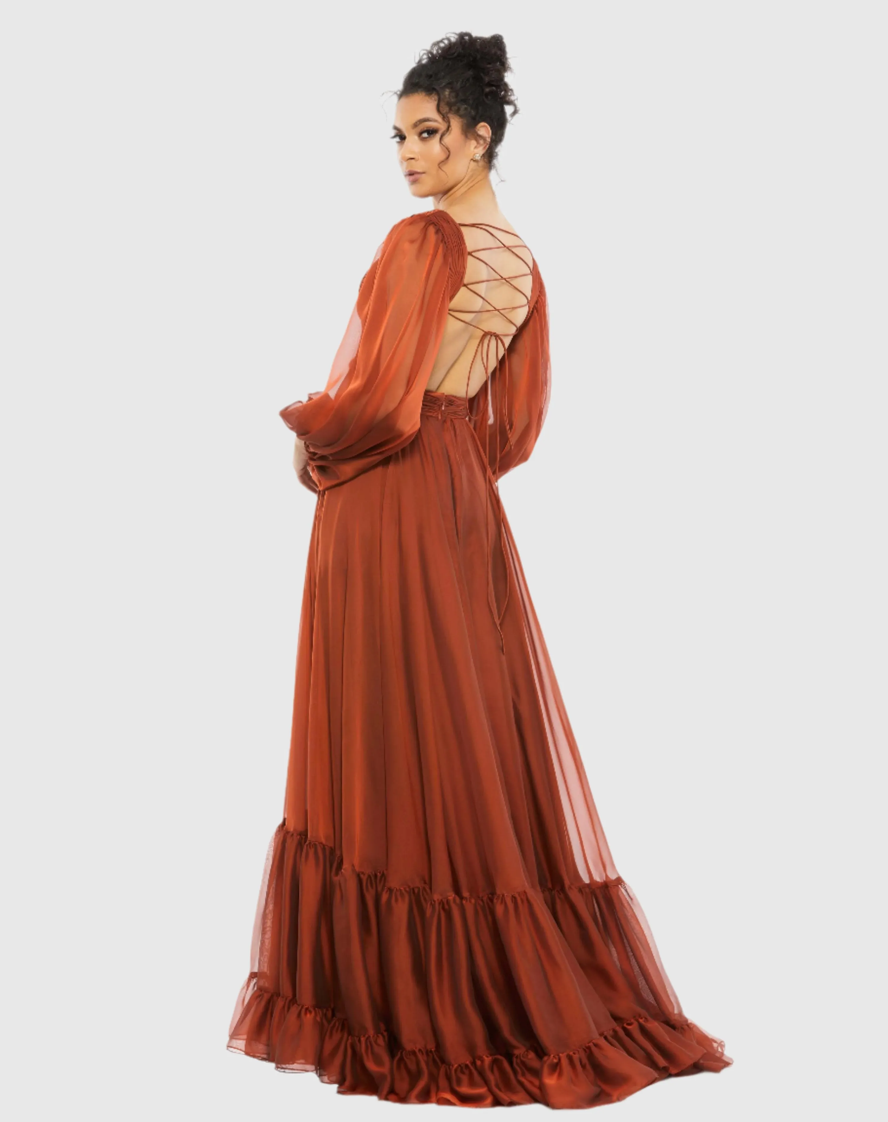 Orange Pleated Cut Out Long Sleeve Lace Up Tiered Gown sold by Mac Duggal product image thumbnail 3