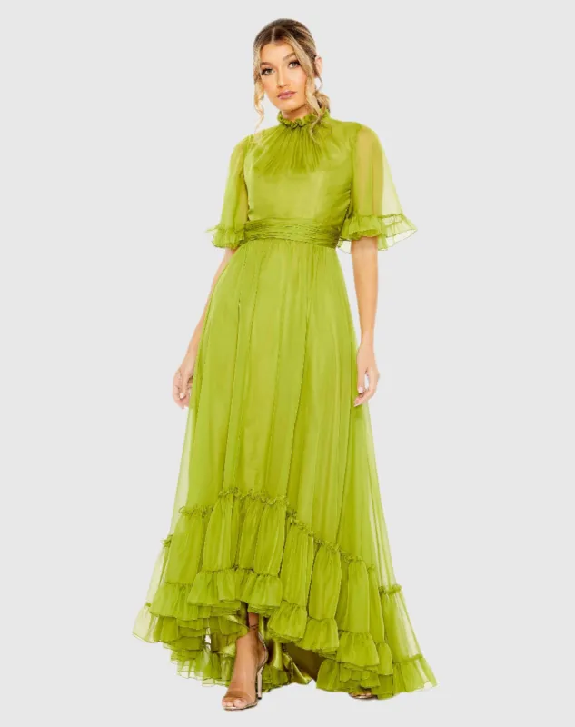 Green Ruffled Mock Neck Flutter Sleeve High Low Hem Gown sold by Mac Duggal