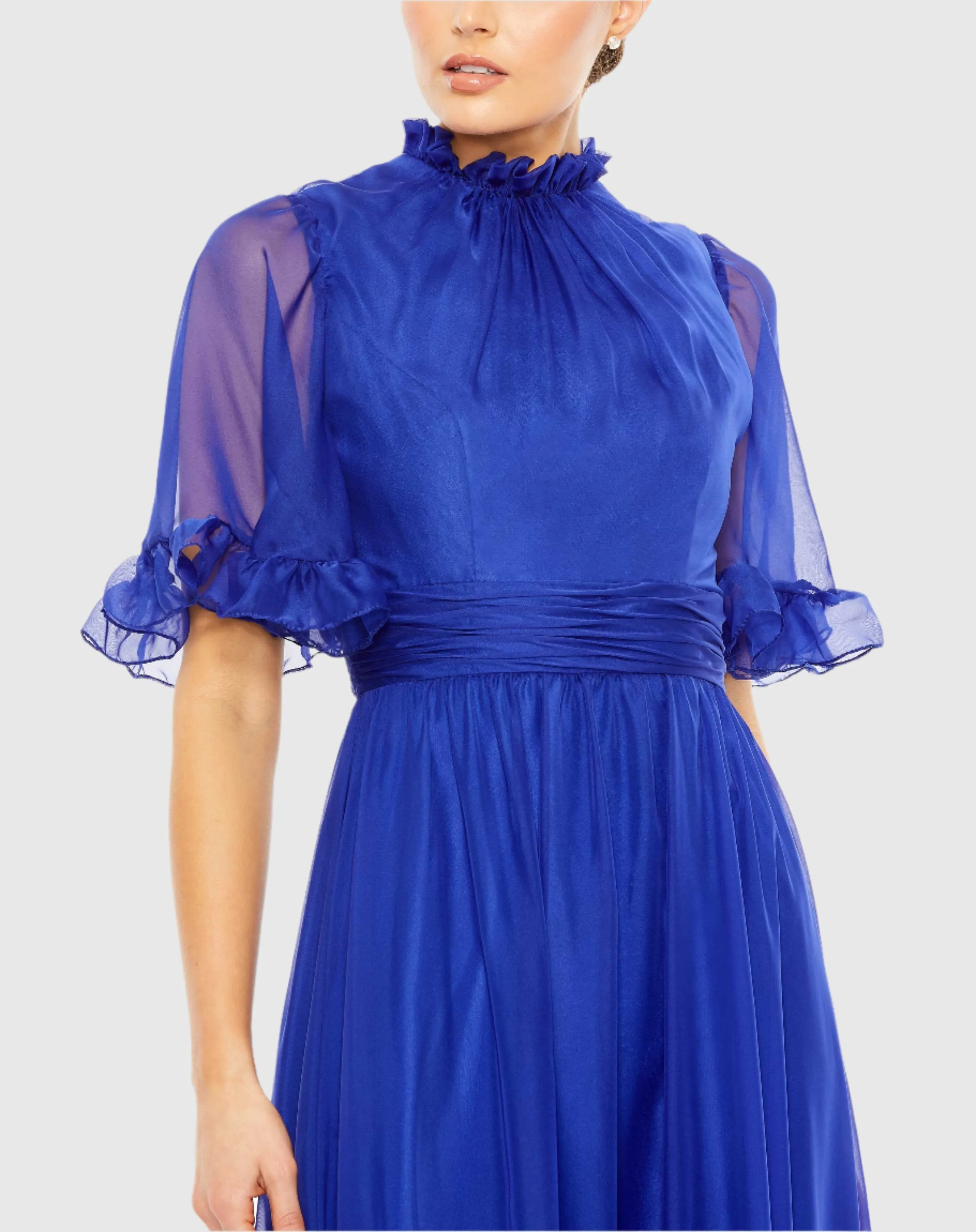 Blue Ruffled Mock Neck Flutter Sleeve High Low Hem Gown sold by Mac Duggal product image thumbnail 2