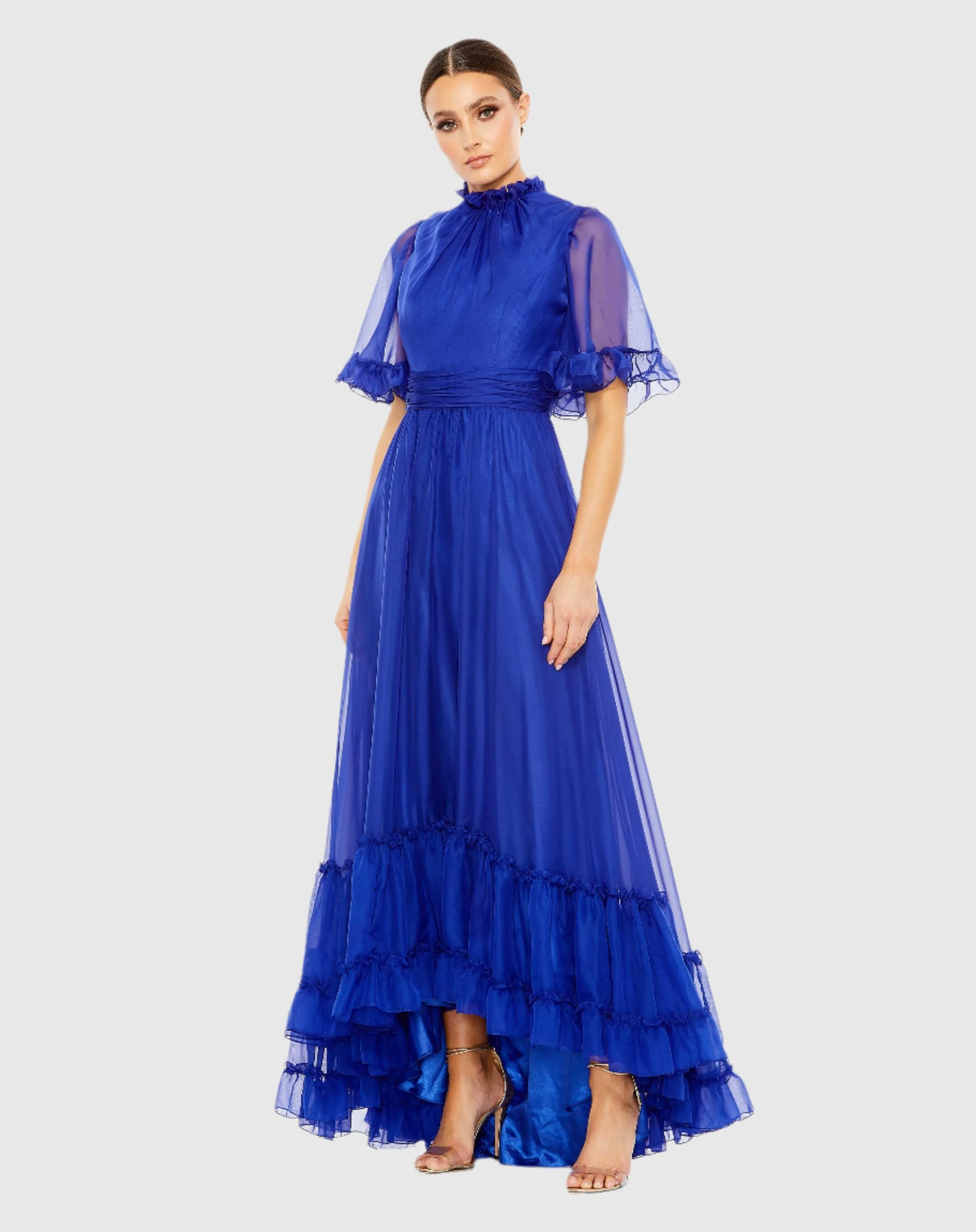 Blue Ruffled Mock Neck Flutter Sleeve High Low Hem Gown sold by Mac Duggal