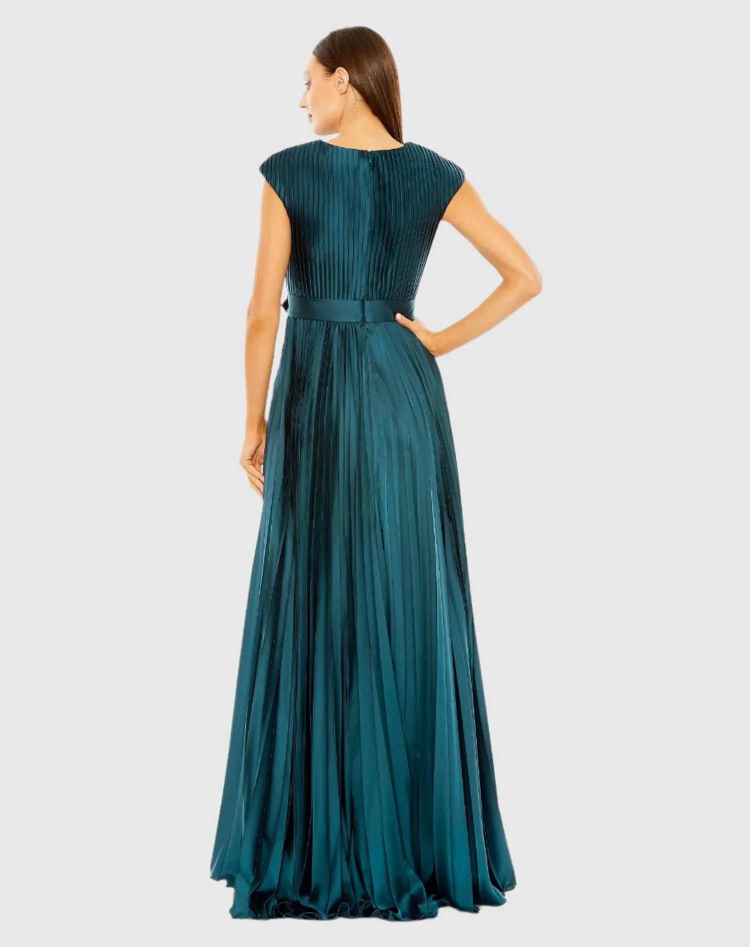 Blue Pleated Plunge Neck Belted A Line Gown sold by Mac Duggal product image thumbnail 3