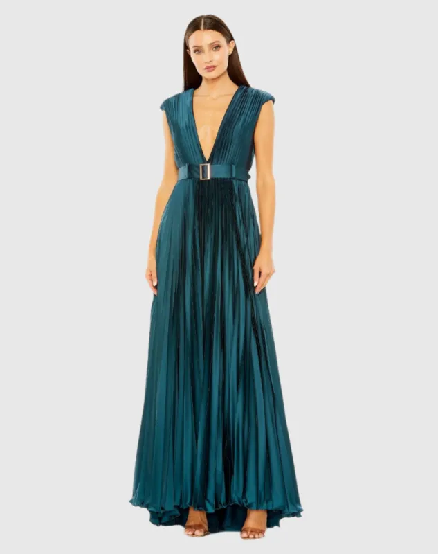 Blue Pleated Plunge Neck Belted A Line Gown sold by Mac Duggal