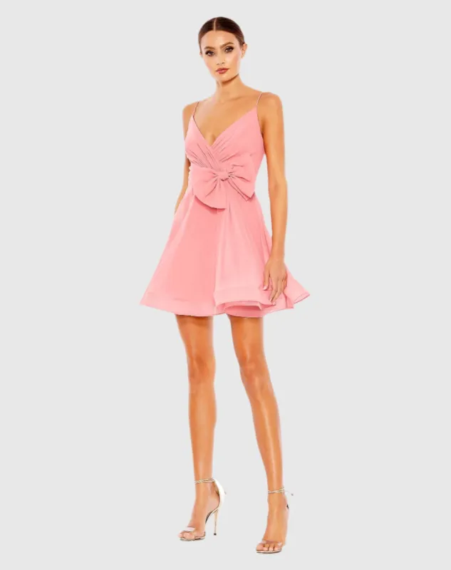 Pink Faux Wrap Bow Detail Flowy Mini Dress sold by Mac Duggal