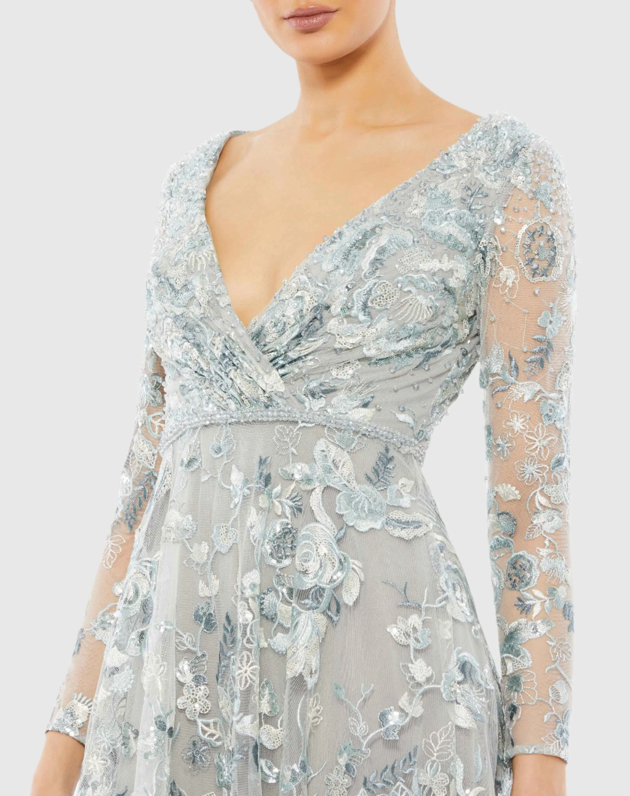 Light Blue Embellished V Neck Illusion Long Sleeve A Line Gown sold by Mac Duggal product image thumbnail 2