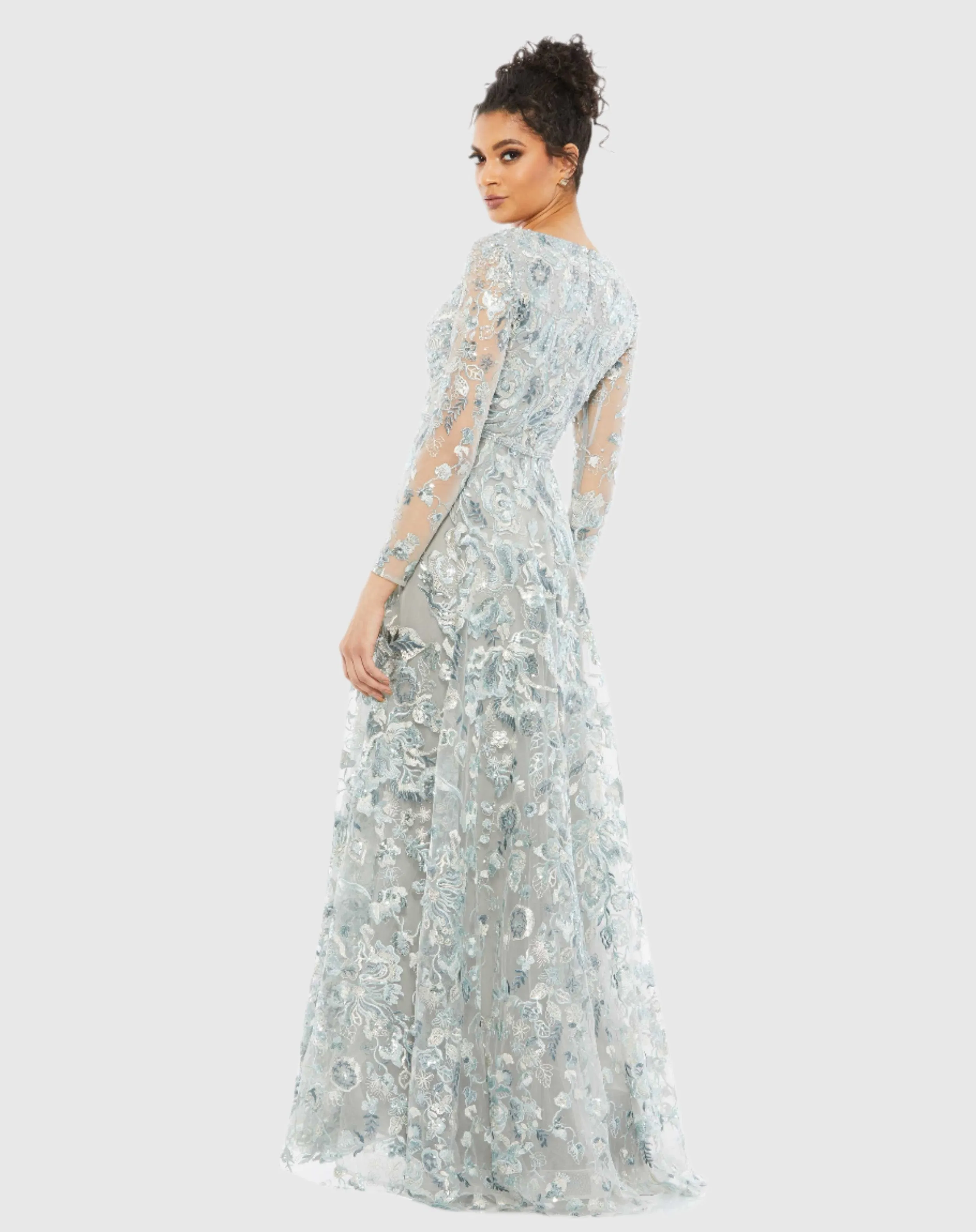 Light Blue Embellished V Neck Illusion Long Sleeve A Line Gown sold by Mac Duggal product image thumbnail 3