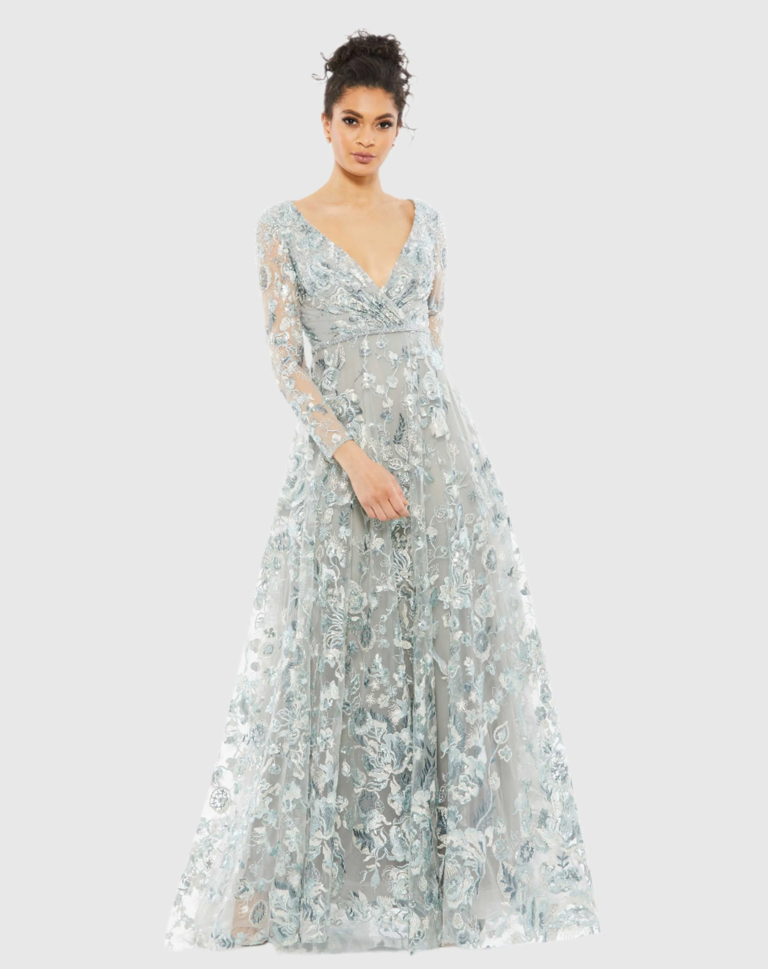 Light Blue Embellished V Neck Illusion Long Sleeve A Line Gown sold by Mac Duggal