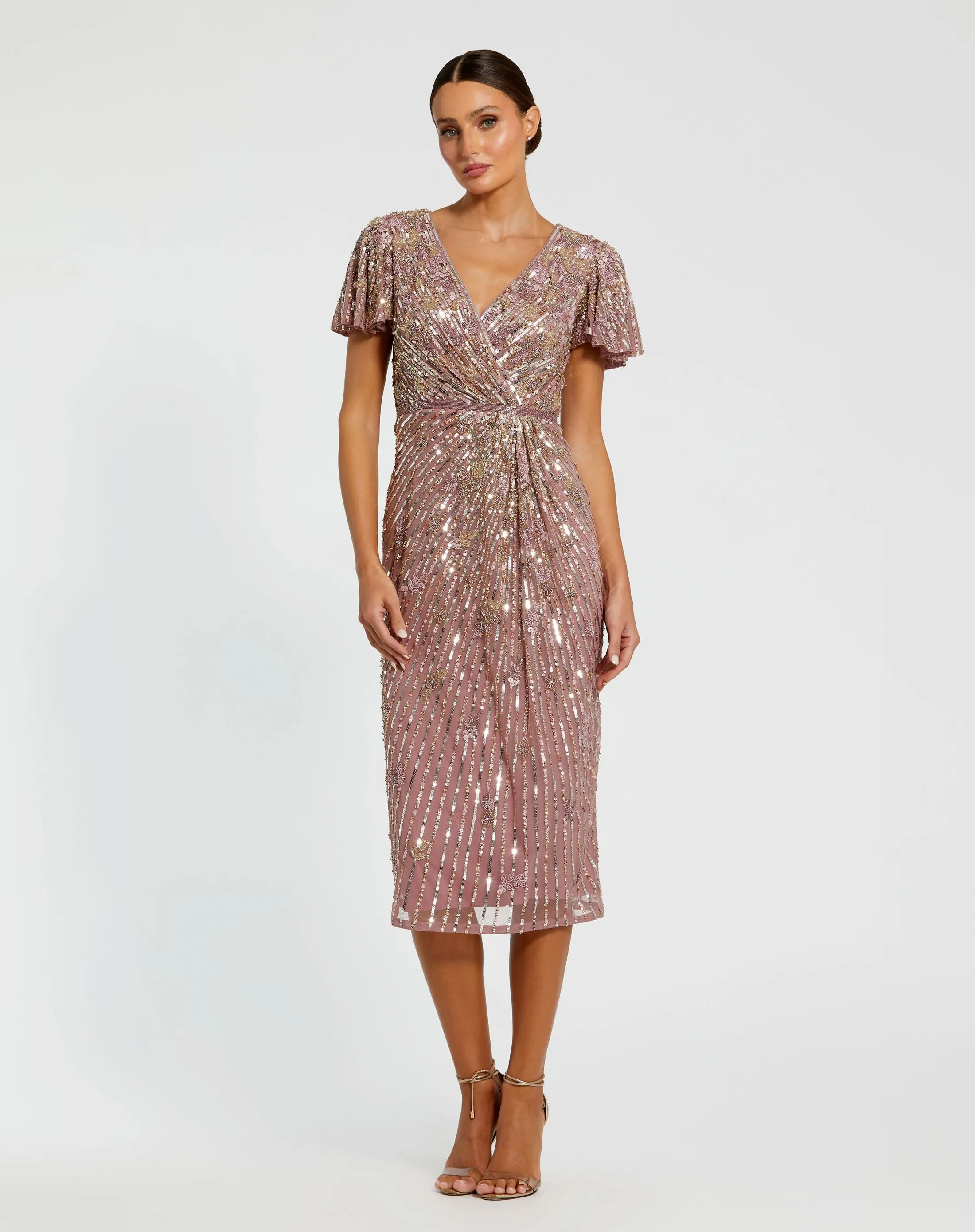 Embellished Faux Wrap Flutter Sleeve Dress sold by Mac Duggal