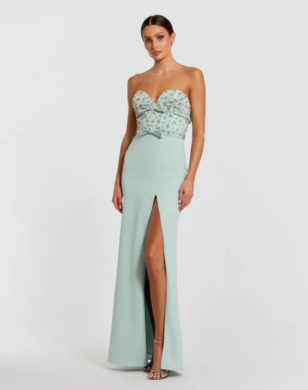 Green Strapless Rhinestone Bodice Crepe Gown sold by Mac Duggal