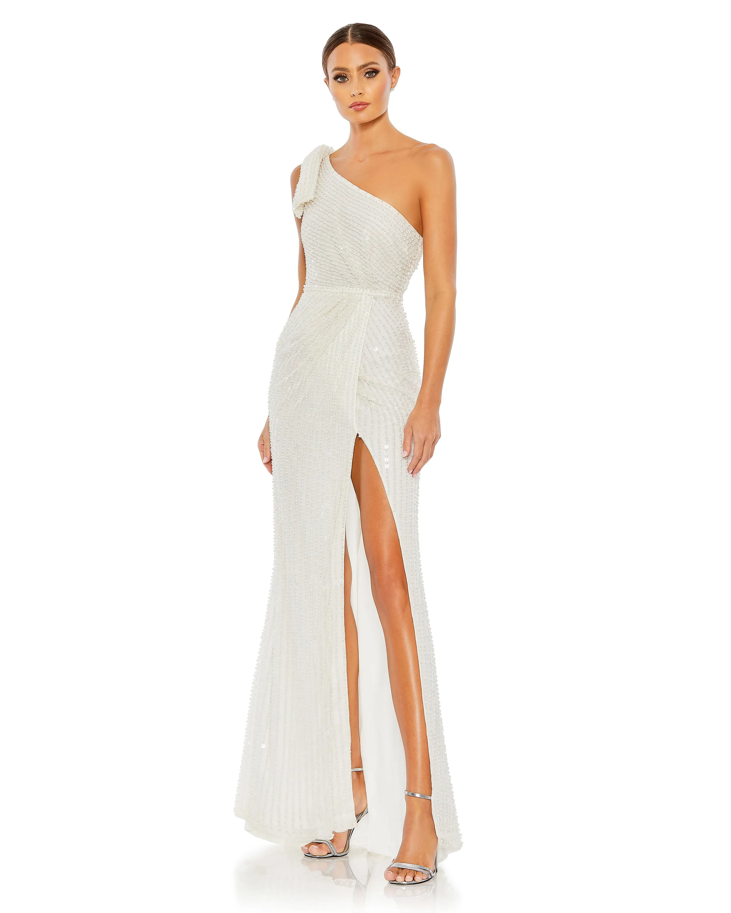 White Pearl Embellished Soft Tie One Shoulder Gown sold by Mac Duggal