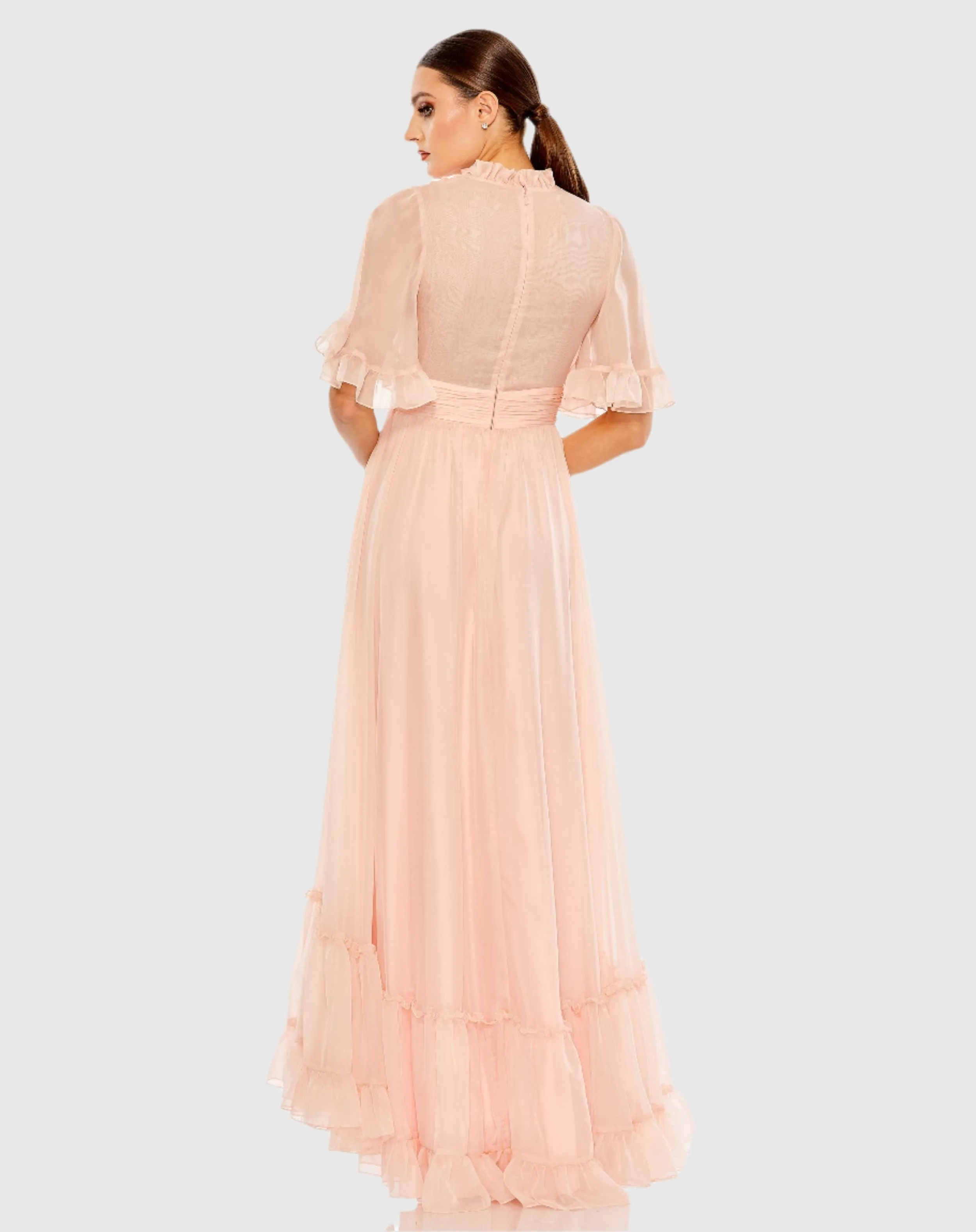 Pink Ruffled Mock Neck Flutter Sleeve High Low Hem Gown sold by Mac Duggal product image thumbnail 3