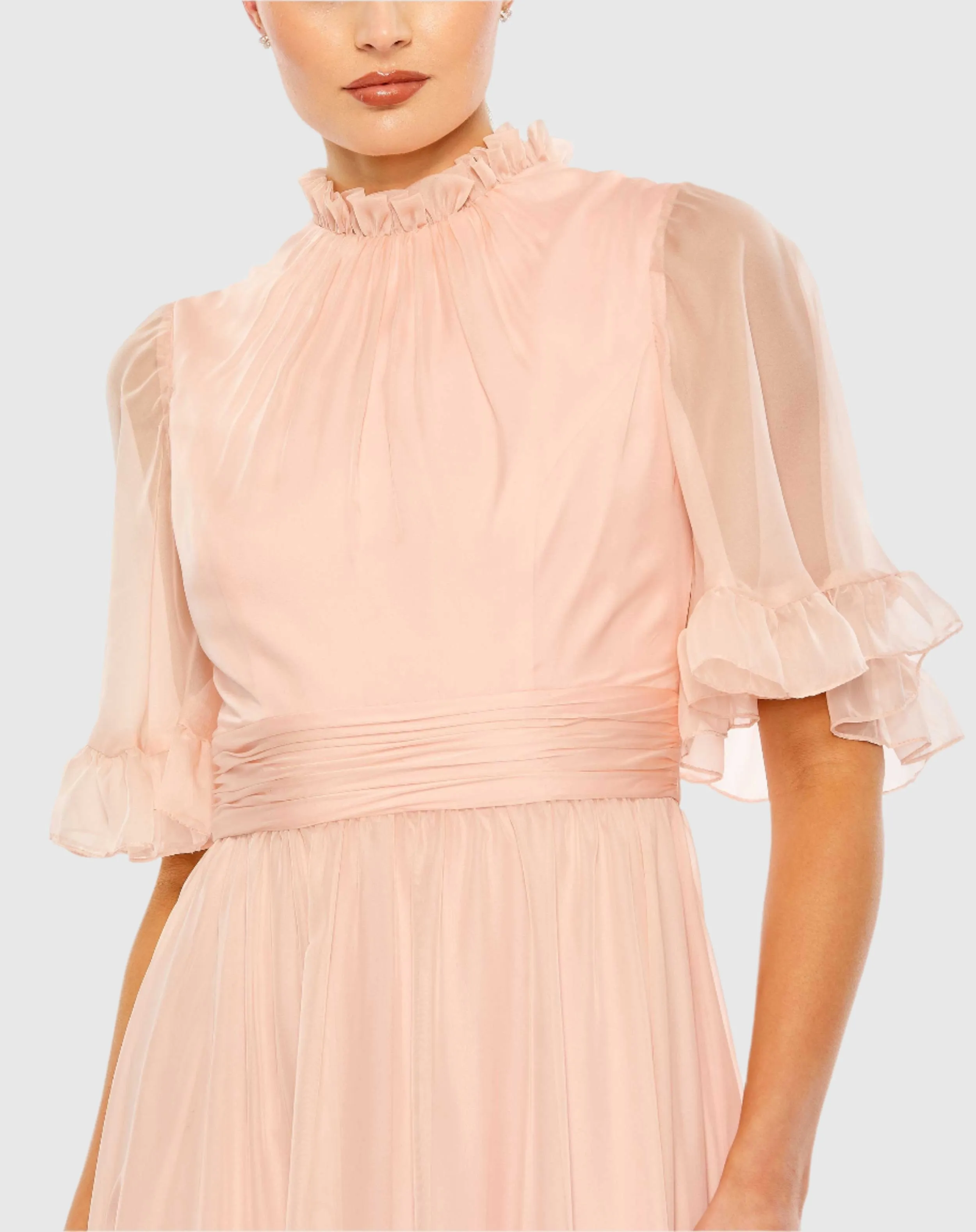 Pink Ruffled Mock Neck Flutter Sleeve High Low Hem Gown sold by Mac Duggal product image thumbnail 2