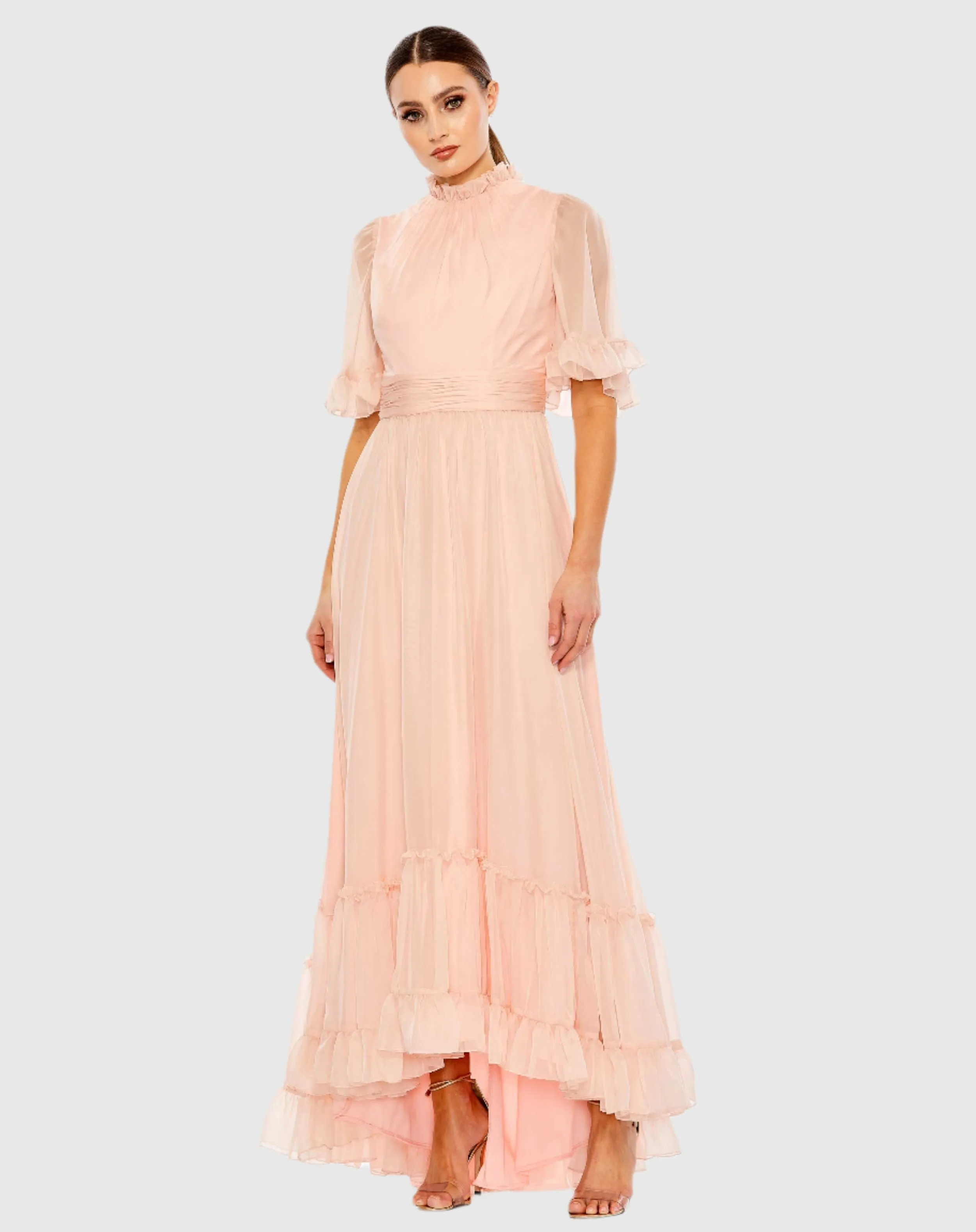 Pink Ruffled Mock Neck Flutter Sleeve High Low Hem Gown sold by Mac Duggal