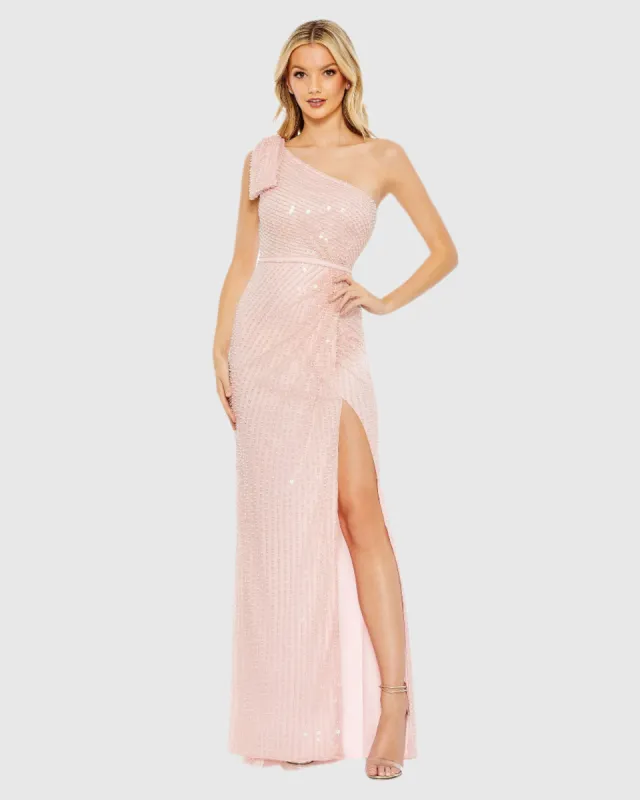 Pink Pearl Embellished Soft Tie One Shoulder Gown sold by Mac Duggal