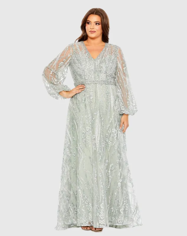 Green V Neck Puff Sleeve Embroidered A Line Gown (Plus) sold by Mac Duggal