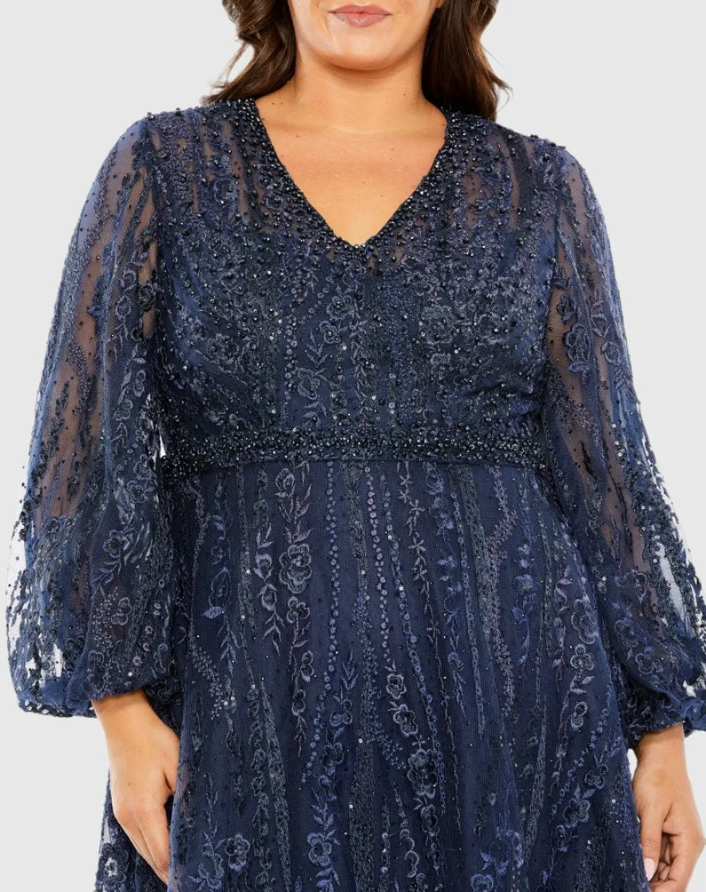 Navy V Neck Puff Sleeve Embroidered A Line Gown (Plus) sold by Mac Duggal product image thumbnail 2